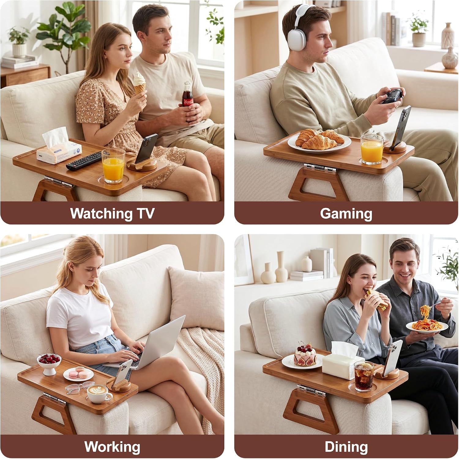Couch Armrest Table, Bamboo 3-in-1 Clip-On Sofa Arm Tray | 360° Rotating Phone Holder, Cup Holder & Foldable Tray, Fits Most Couch Armrests for Snacks & Drinks 15.4" x 9.8"