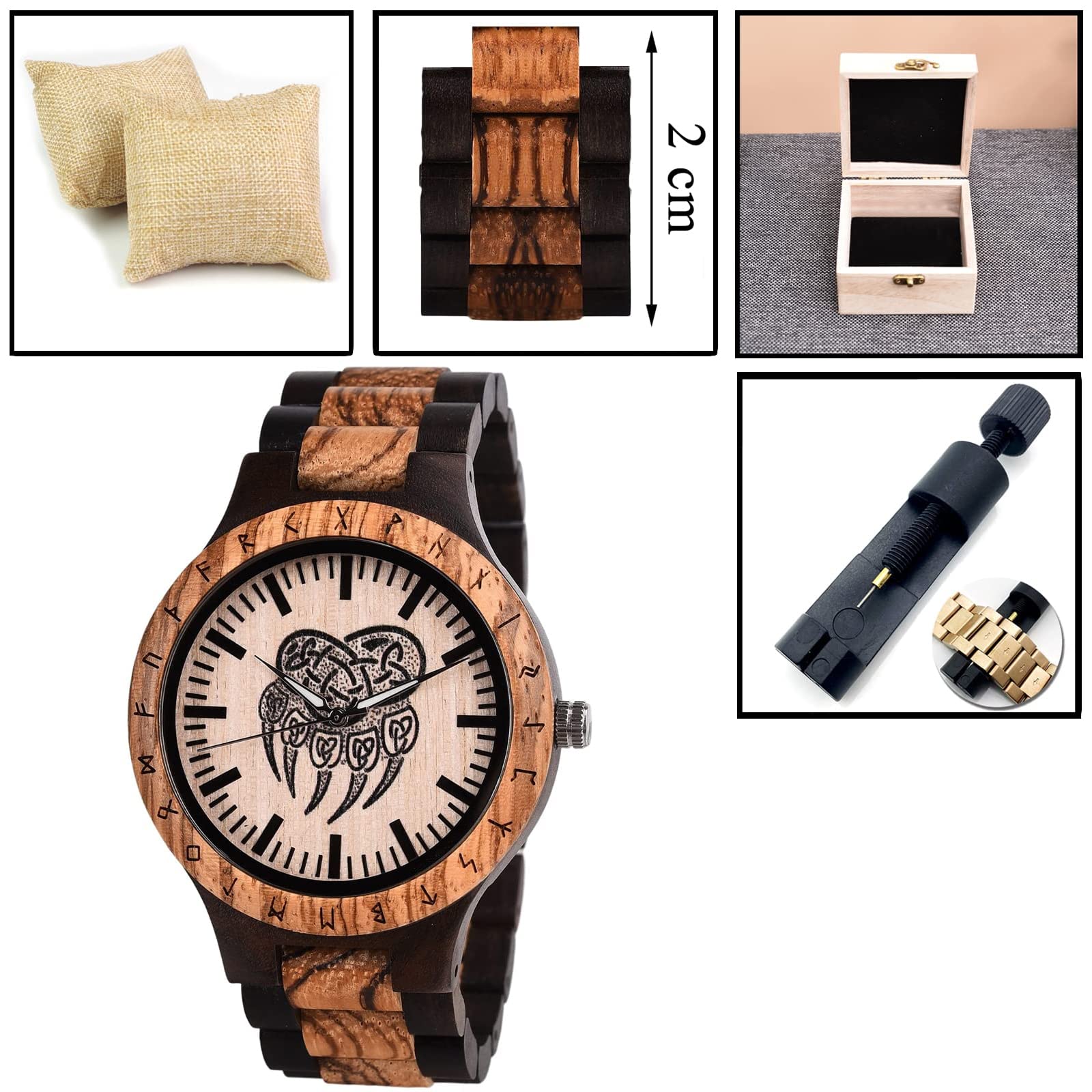 Reloj analógico de madera vikinga con diseño de pata de oso vikingo, reloj de pulsera con movimiento de cuarzo, hecho a mano con grabado de madera con envoltura de regalo
