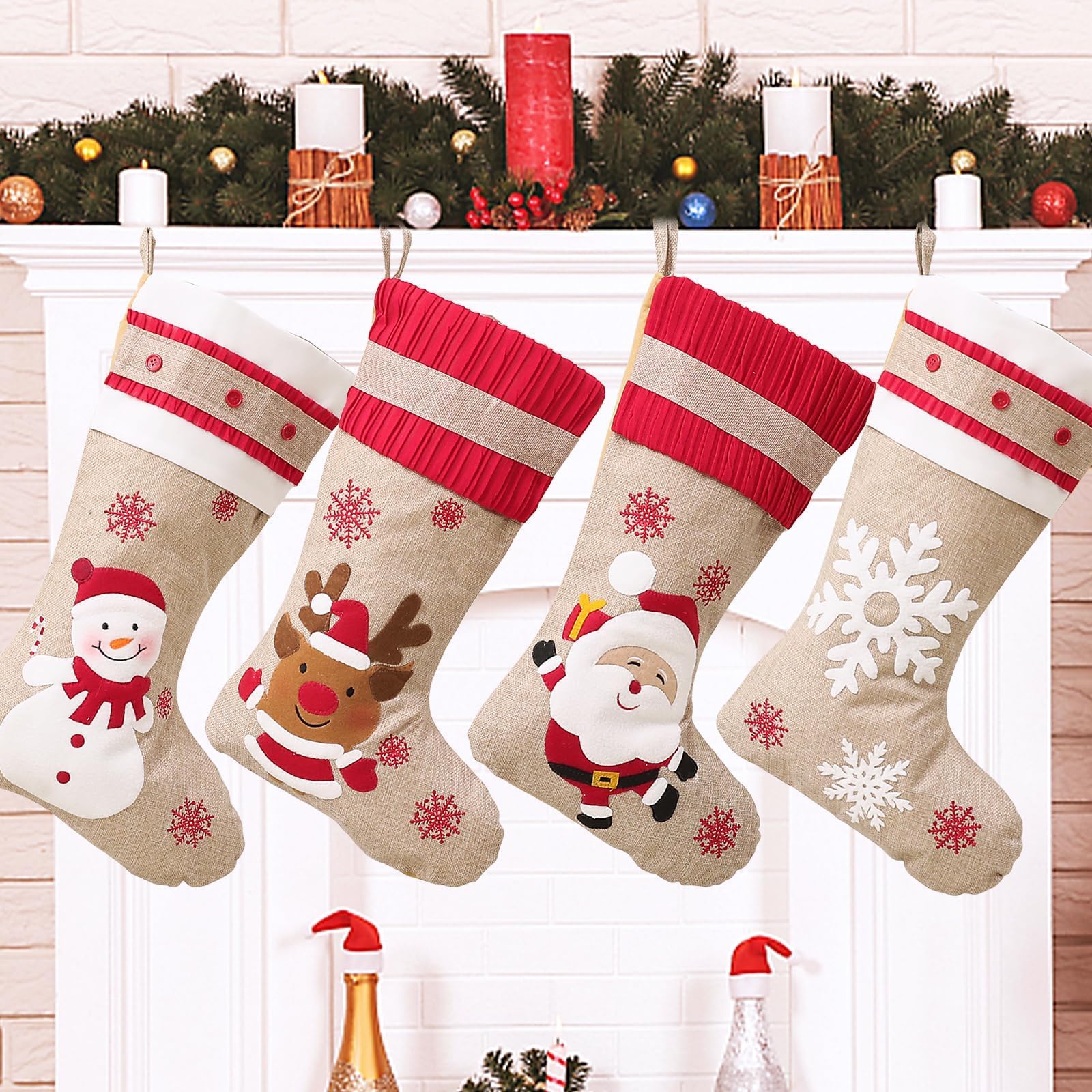 Lot De 12 Grandes Chaussettes De Noël - Bas Du Père Noël Rouge/Vert 36 Cm Pour Cadeaux, Décoration Sapin & Cheminée