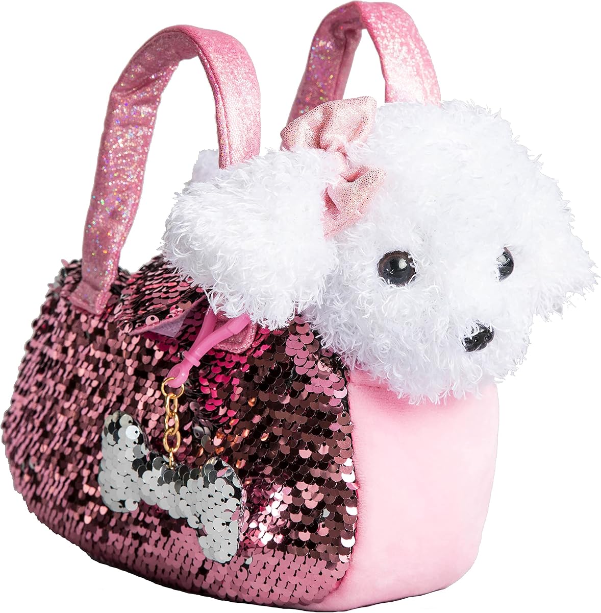 Juego de peluche para mascotas con bolso con lentejuelas reversibles y dije, juguete de peluche para niños de 4 a 5 años, 6 a 7 años, bolso de peluche, animales de peluche para niñas, (Labradoodle blanco)