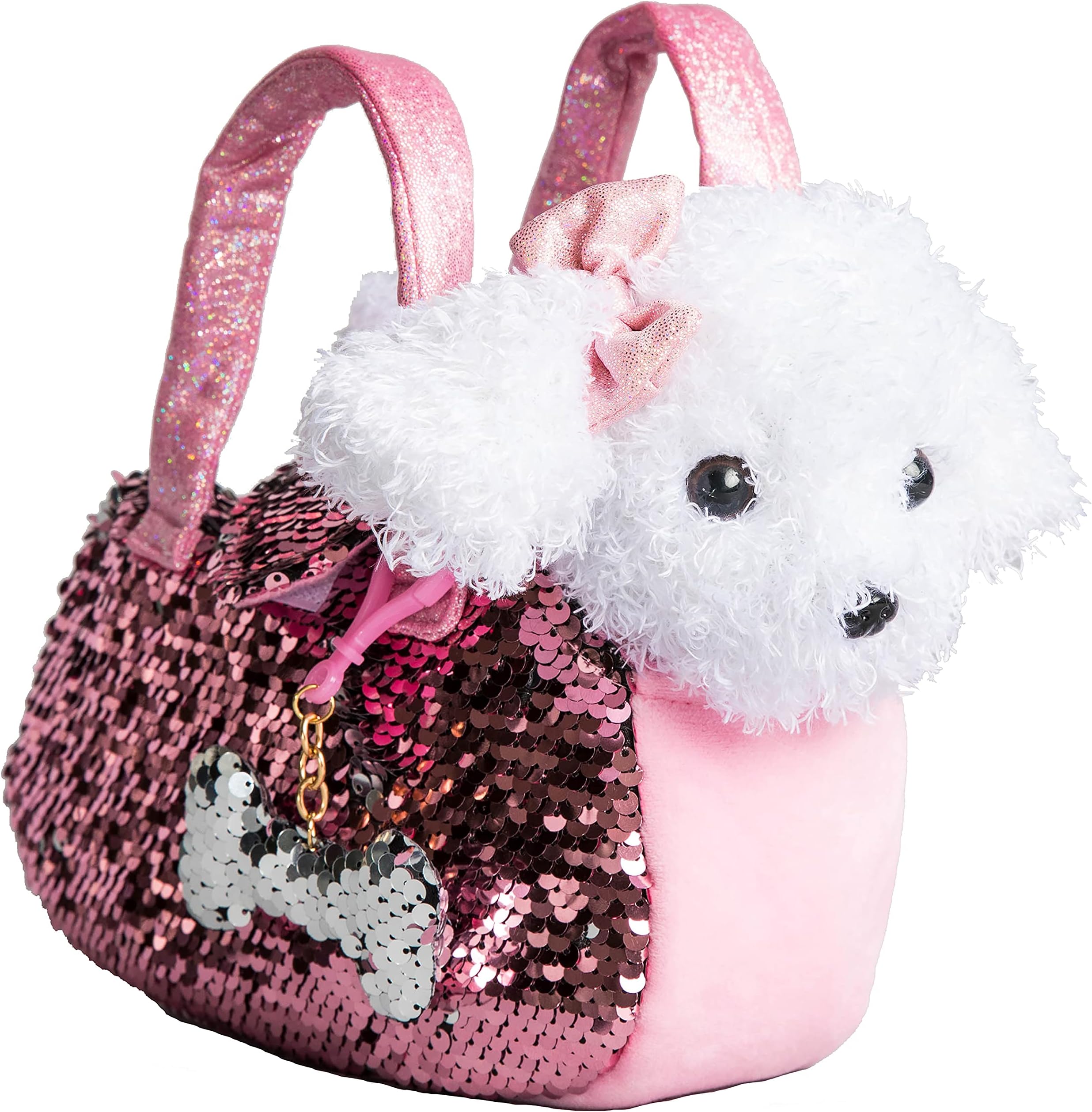 Little Jupiter Pet Plush Set with Purse w/Reversible Sequins & Charm - Stuffed Animal Toy for Kids Ages 4-5 - 6-7 - Stuffed Animal Purse - Stuffed Animals for Girls - (White Labradoodle)