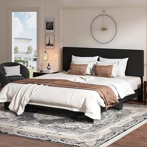 WEEWAY King Size Bed Frame Upholstered Platform Bed with Adjustable Faux Leather Headboard and Strong Wooden Slats, Heavy-Duty Mattress Foundation, No Box Spring Needed, Easy Assembly, Black