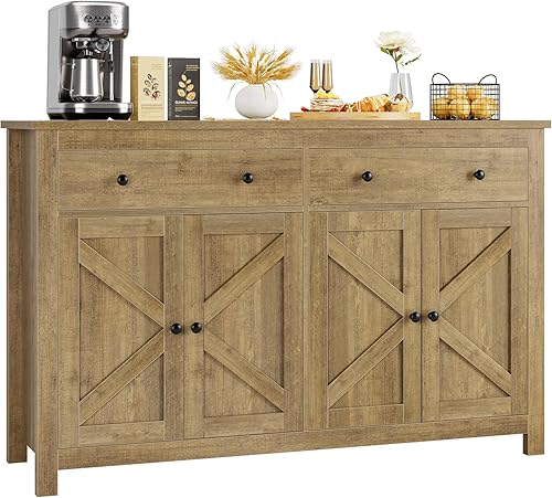 FOTOSOK Aparador buffet con almacenamiento, armario de cocina grande de 55.1 pulgadas con 2 cajones y 4 puertas, gabinete de barra de café de