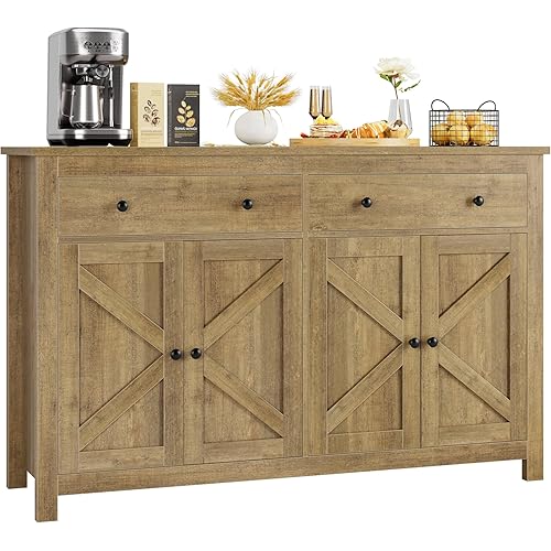 FOTOSOK Sideboard Buffet Cabinet with Storage, 55.1" Large Buffet Cabinet Kitchen Cabinet with Shelves and Doors, Farmhouse Coffee Bar Cabinet Wood Buffet Table Sideboard for Kitchen, Rustic Brown