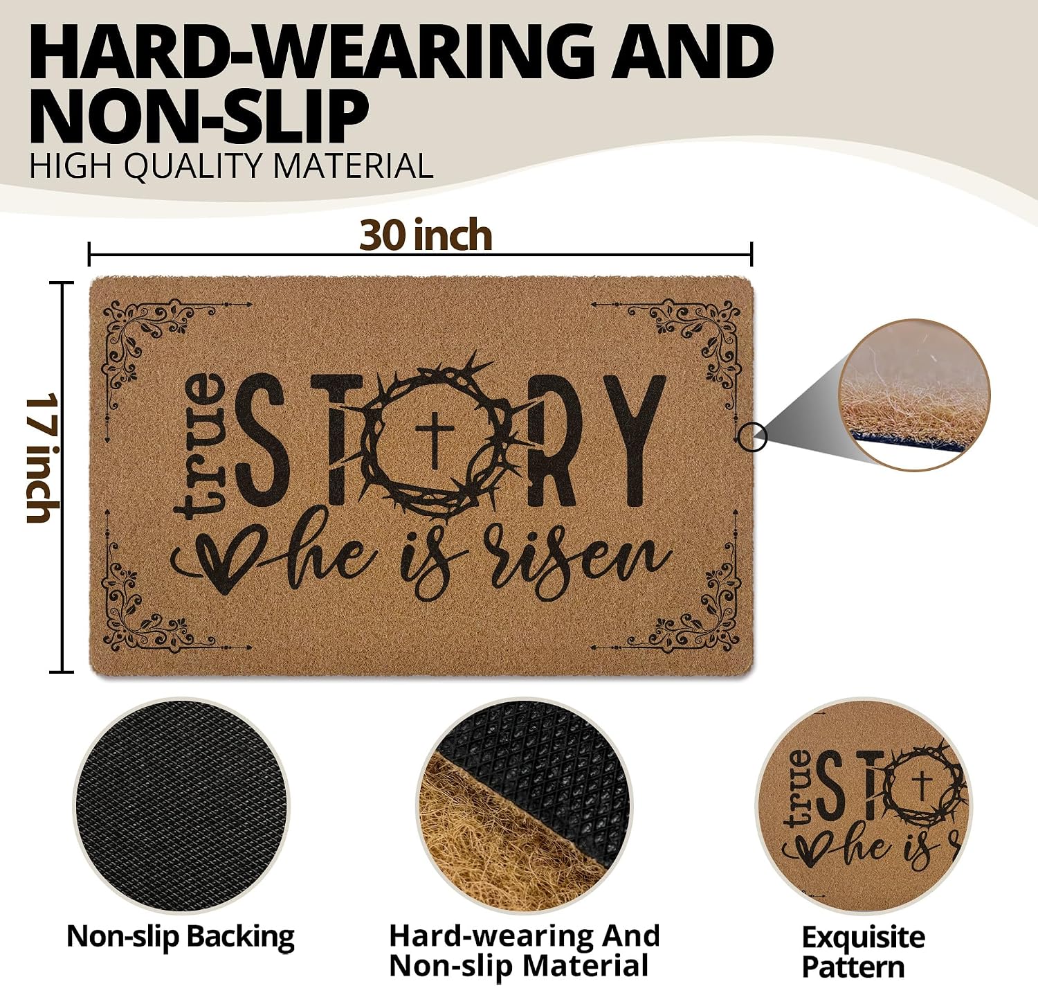 Christian Easter Door Mat Doormat, He is Risen Bible Verse Welcome Front Door Mat Indoor Outdoor Entrance, Religious Easter Artificial Coir Doormats Rugs for Porch Entryway Decor 30x17in