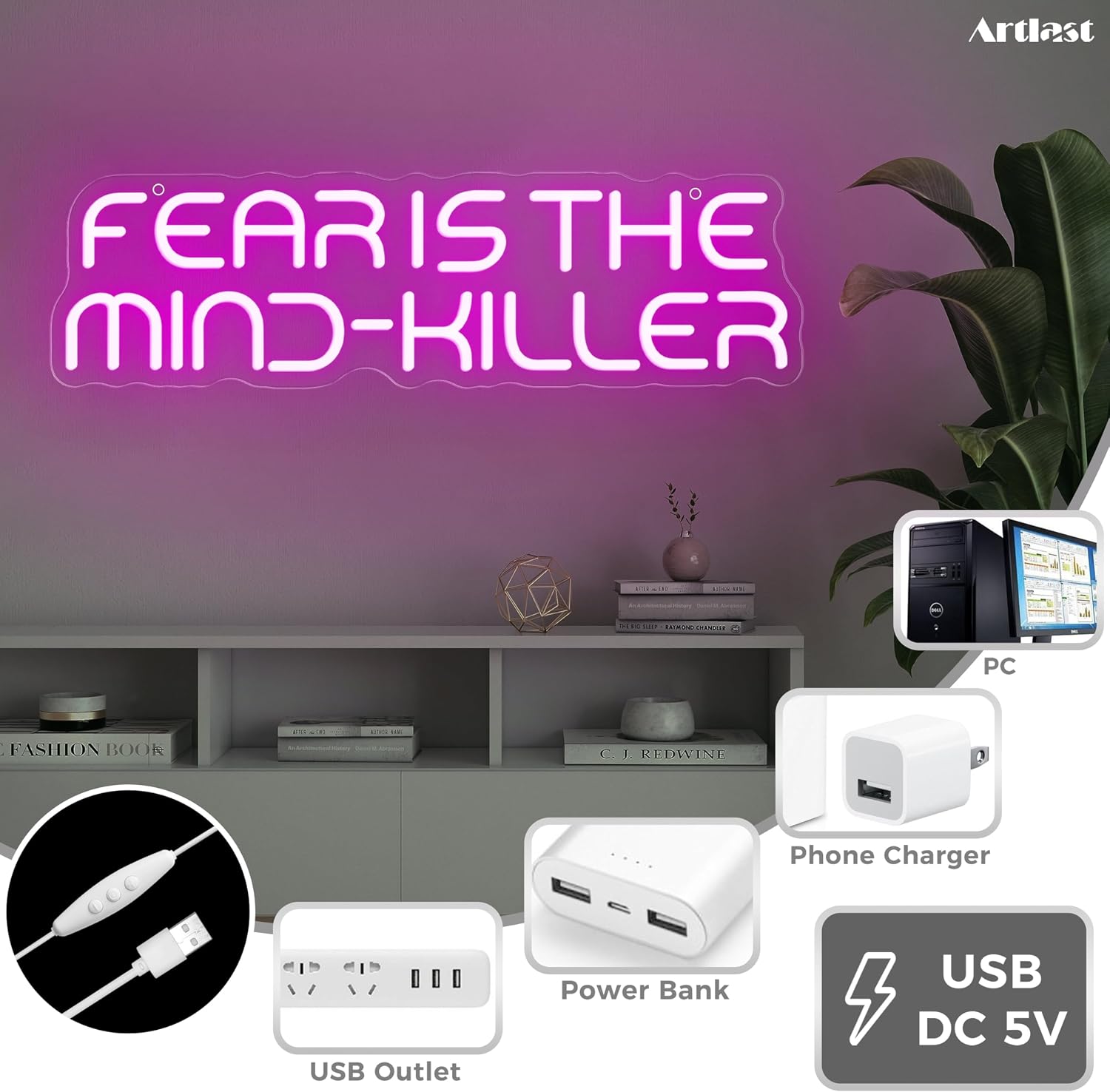 Fear is the Mind-Killer LED Neon Sign 16.5" x 4.7" Dimmable Pink Motivational Quote Wall Decor Inspiring Sci-Fi Literature Sign for Home Office, Library, Gaming Room & Study - USB Powered