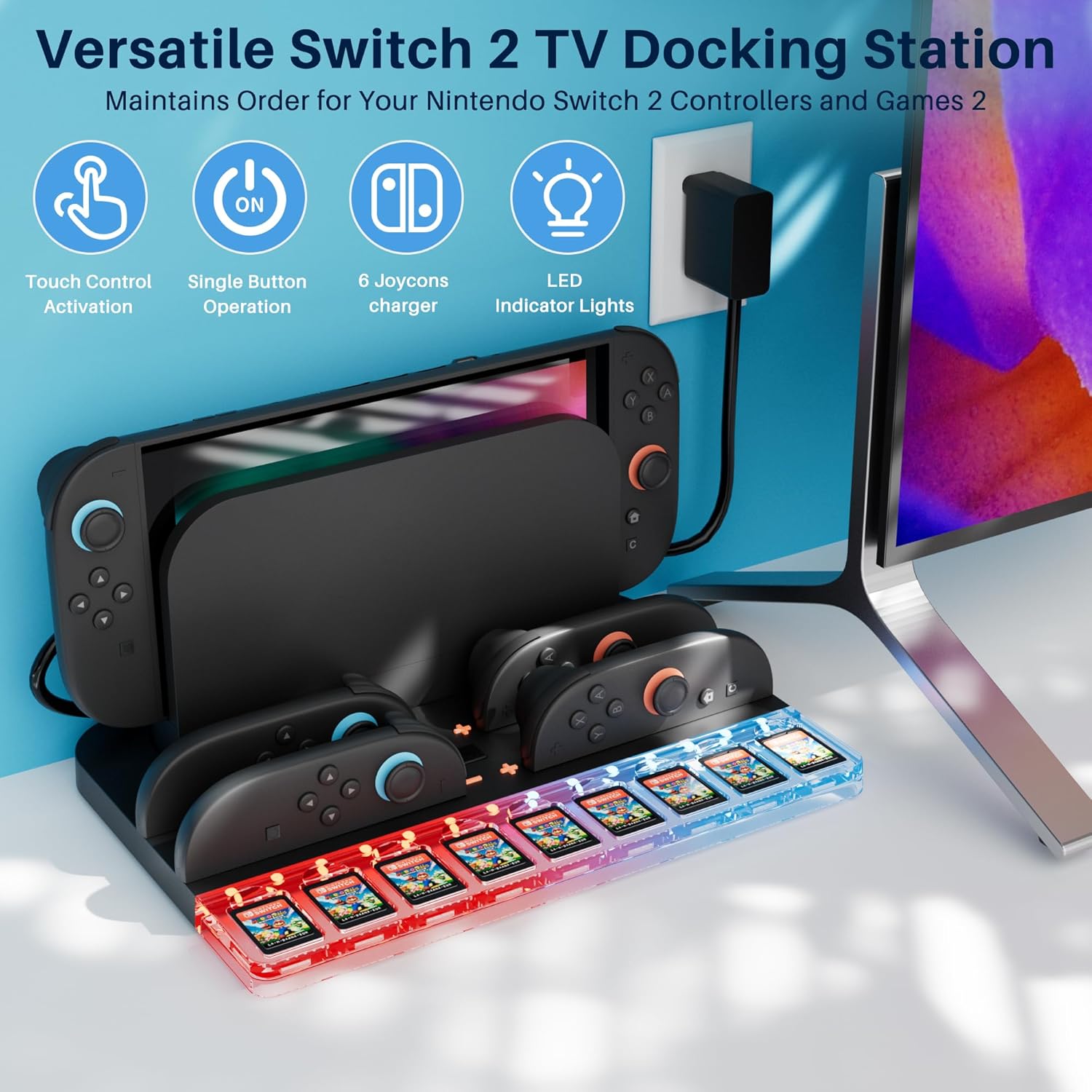 Charging Dock Station for Switch2,Tempered Glass Screen Protector Portable Charging Station for Nintnds Switch2 Joy Cons Controllers with 9 Game Slots and RGB Lighting - Image 3