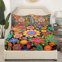 Vista 3 de Feelyou Juego de Sábanas Vintage con Flores Groovy Estilo Retro Sábanas Florales Boho con Sábana Bajera de Bolsillo Profundo para Niños Años 60 70