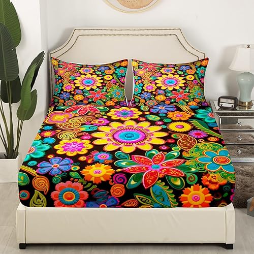 Miniatura 3 de Feelyou Juego de Sábanas Vintage con Flores Groovy Estilo Retro Sábanas Florales Boho con Sábana Bajera de Bolsillo Profundo para Niños Años 60 70