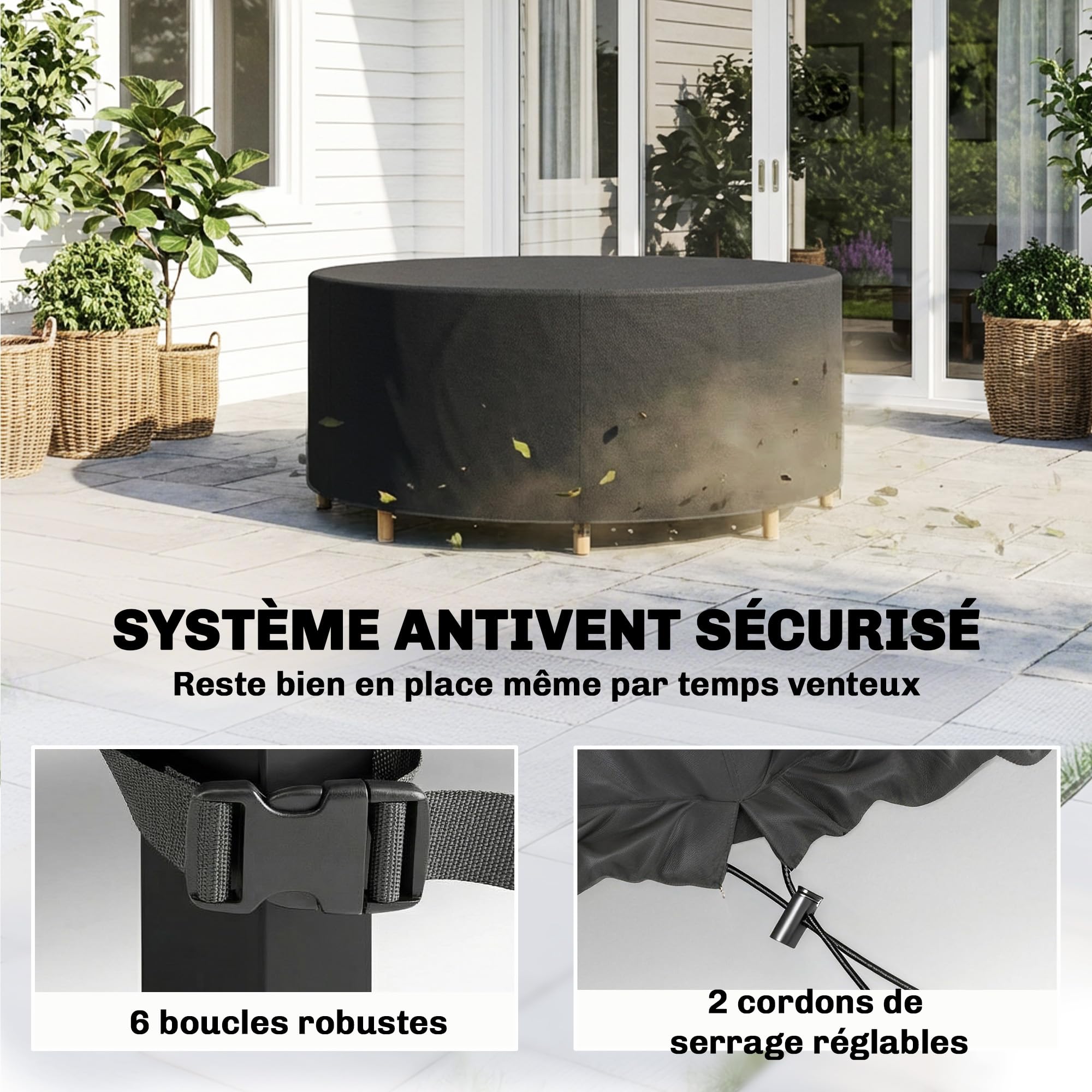 Outsunny Housse pour mobilier de jardin rond, housse de table imperméable, tissu Oxford 420D robuste pour table et chaises de jardin extérieur, Ø200 x 80 cm, noir
