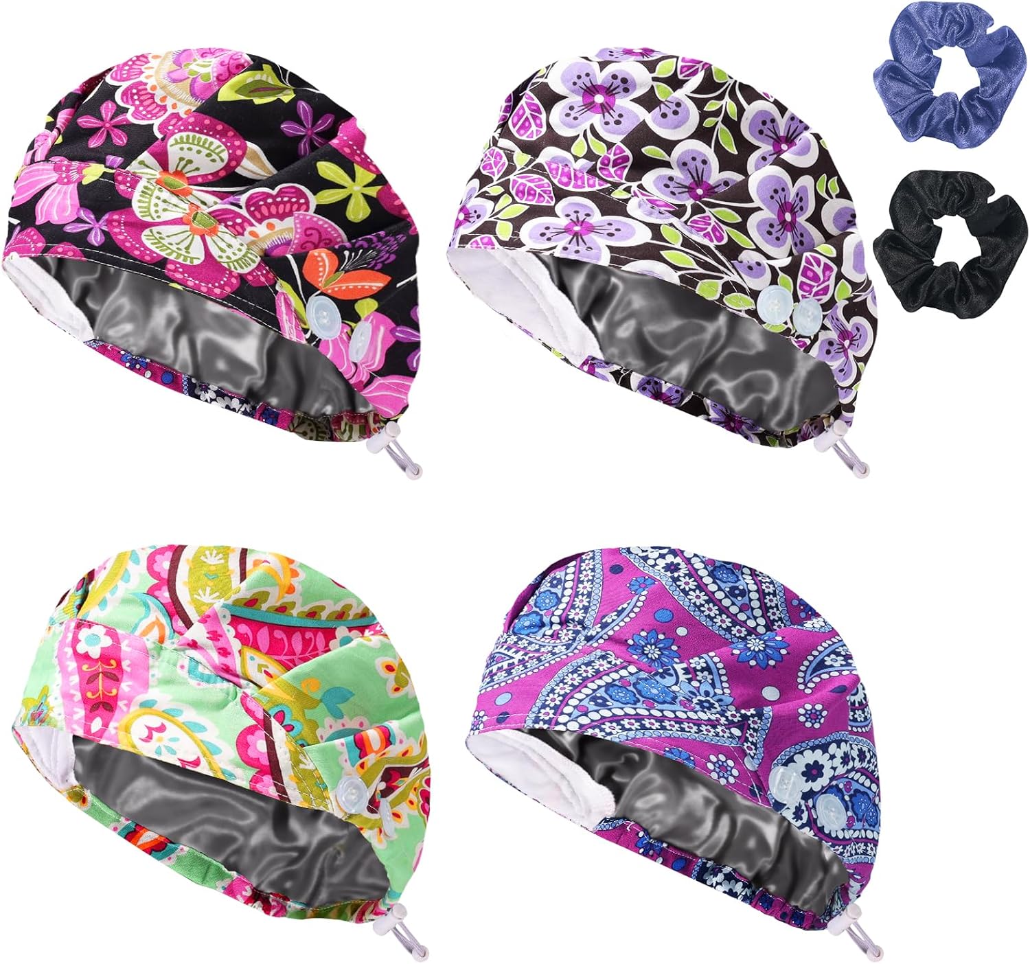 4Pcs Scrub Caps for Women Nurse Surgical Hats Adjustable Satin-Lined Working Cap with Sweatband and Buttons