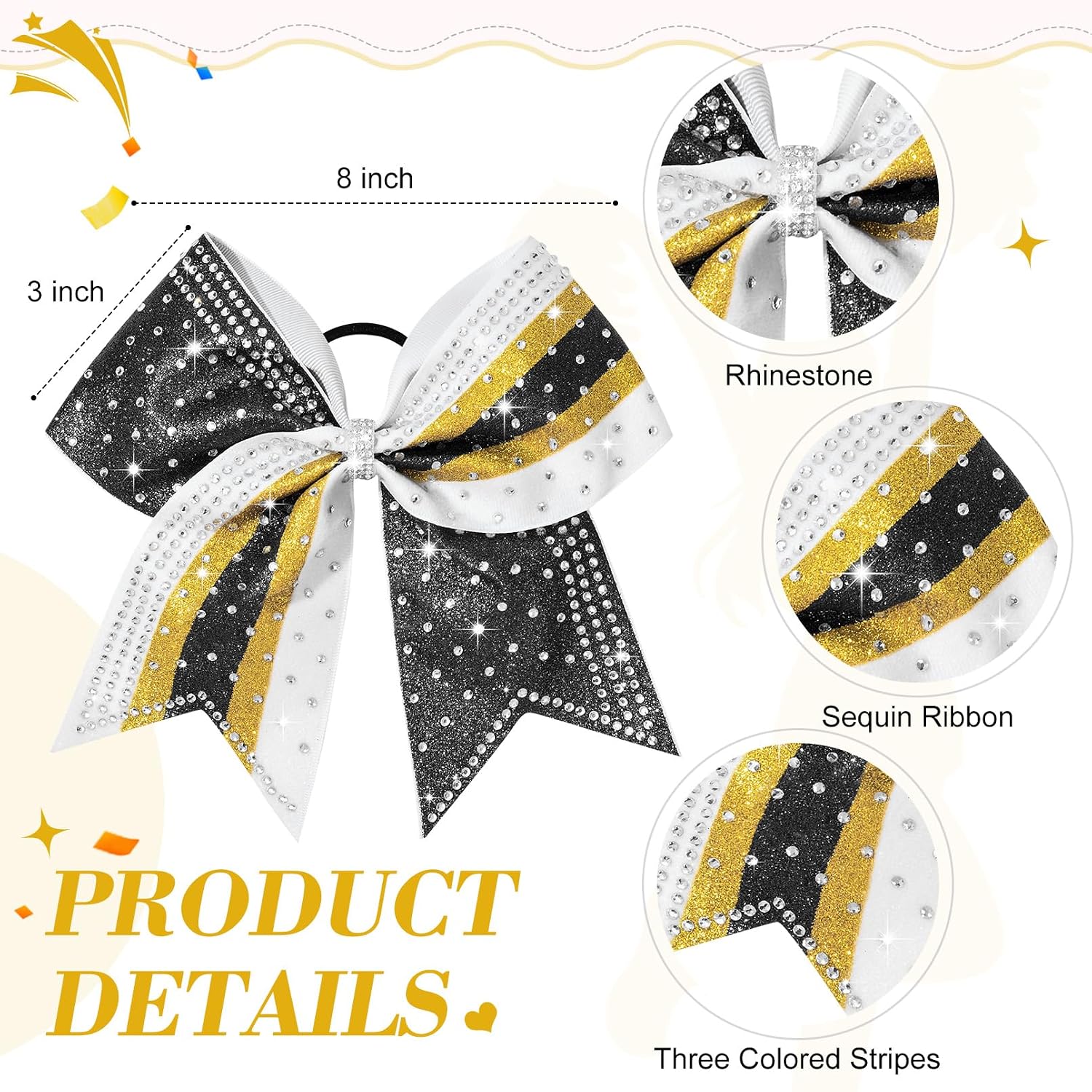 6PCS Glitter Cheer Bow Large Cheer Bows Rhinestones Hair Bows Girls 8"Cheerleading Bows Bulk Elastic Band Ponytail Holder for Teen Girls College Sports Competition
