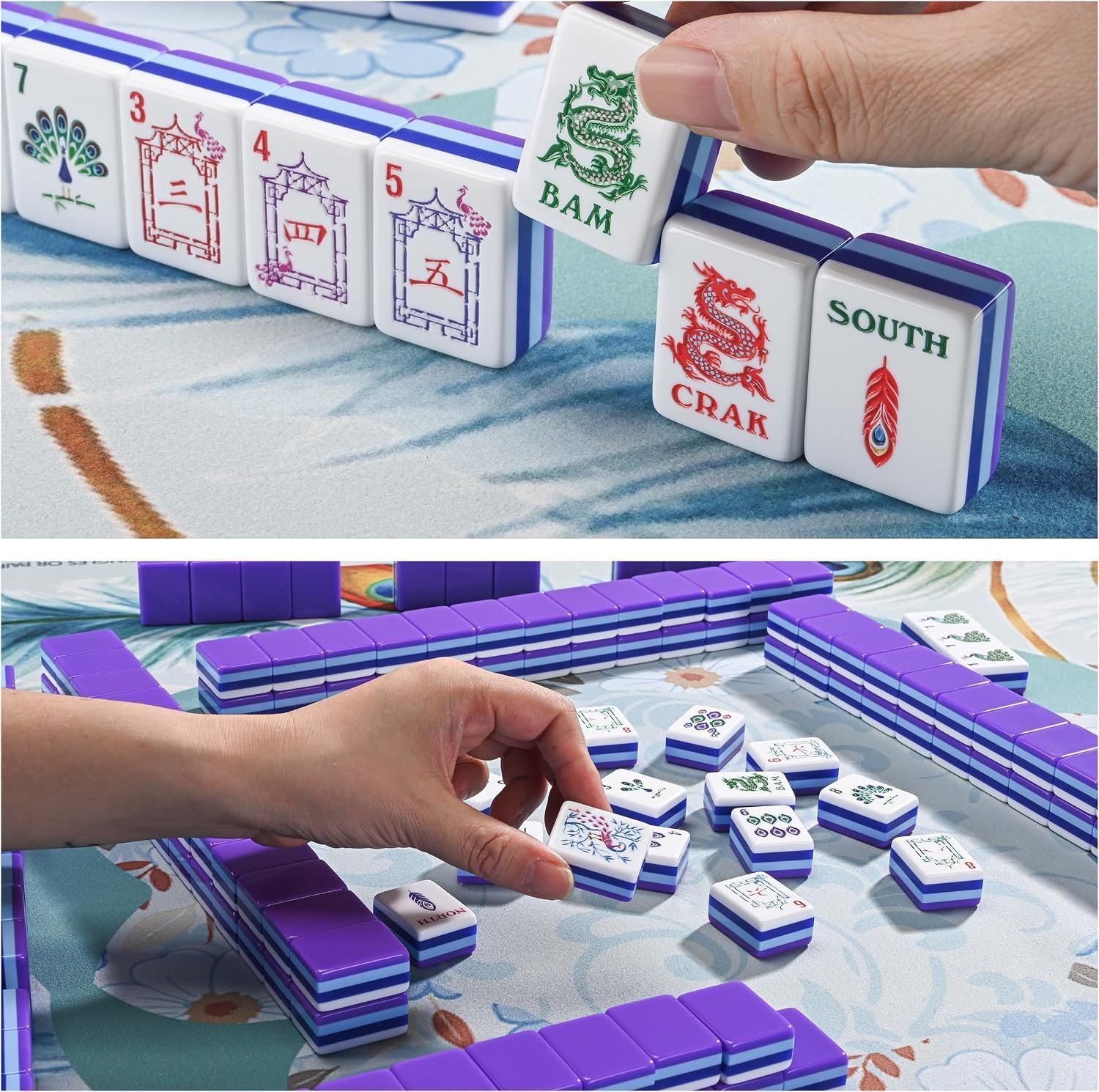 Peacock American Mahjong Set, 160 Innovative Unique Design Mahjong Tiles,Colorful 4-Layer Acrylic Carved Travel Mahjong Set