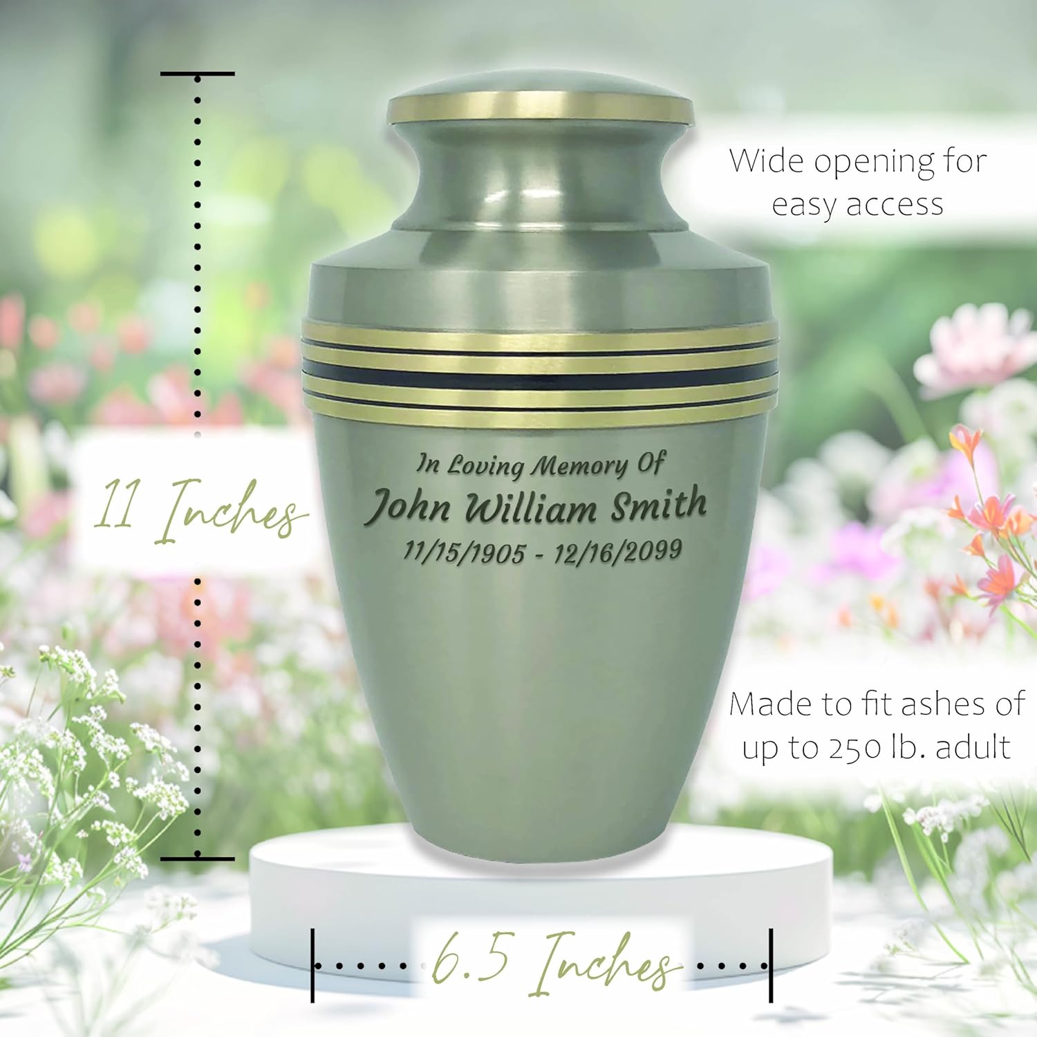 Custom Engraved Momentful Life Metal Adult Cremation Urn - Revere Pewter Cremation Urn - Modern Accents - Silver