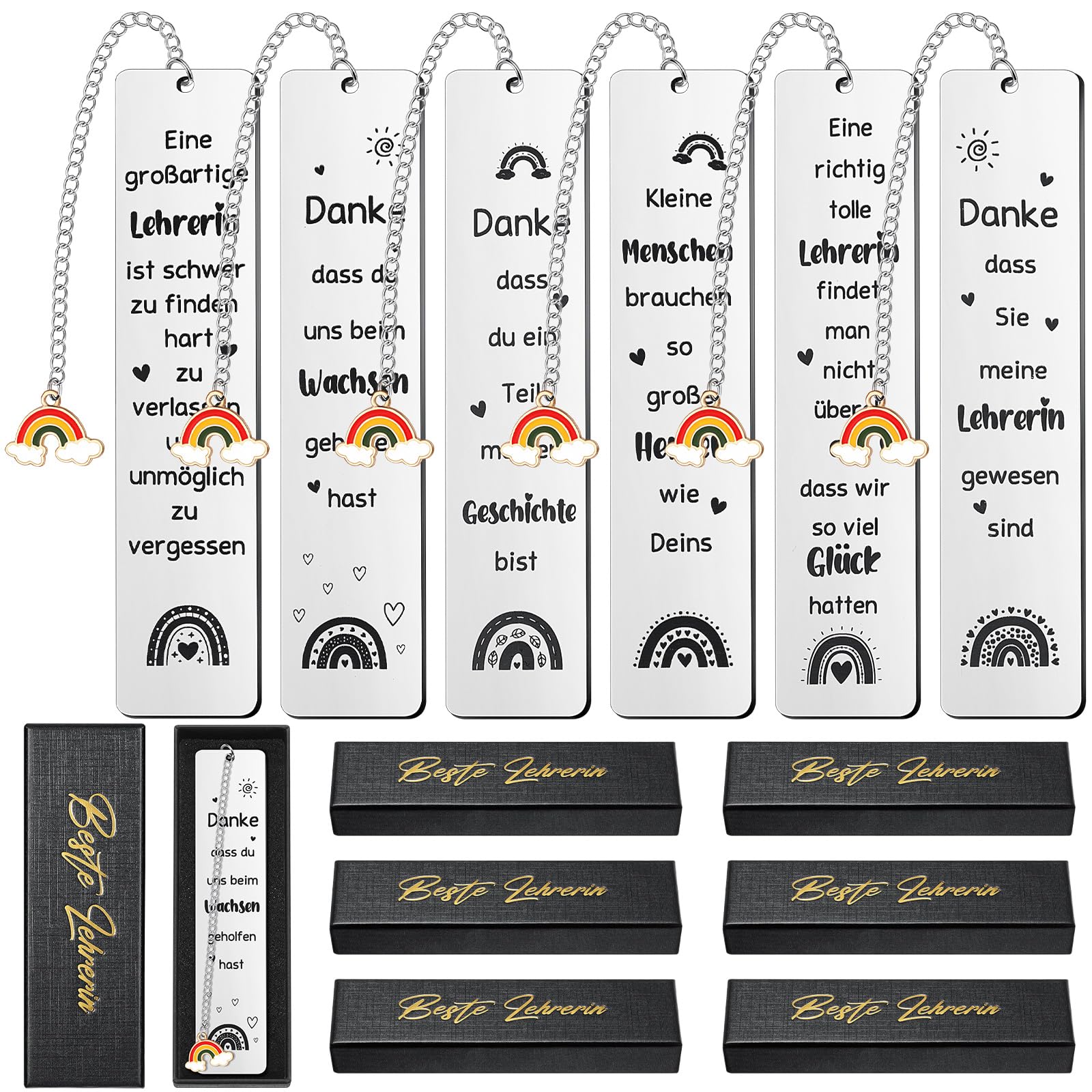 Otuuz 6 Marcapáginas de Metal para Maestros y 6 Cajas de Regalo Marcapáginas de Acero Inoxidable Inspirador con Cita Danke Dass du Uns beim Wachsen Geholfen Hast Regalo de Agradecimiento de Educador