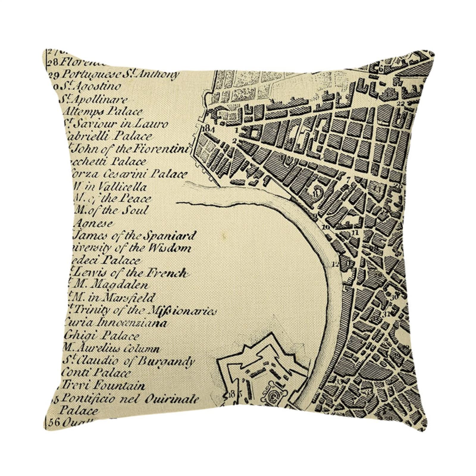 Zestaw 4 poszewek na poduszkę, retro charakter mapa poszewka na poduszkę lniana poszewka na poduszkę miękki poliester do domu salonu sofa ogród kanapa samochód (podwójny nadruk) 80 x 80 cm
