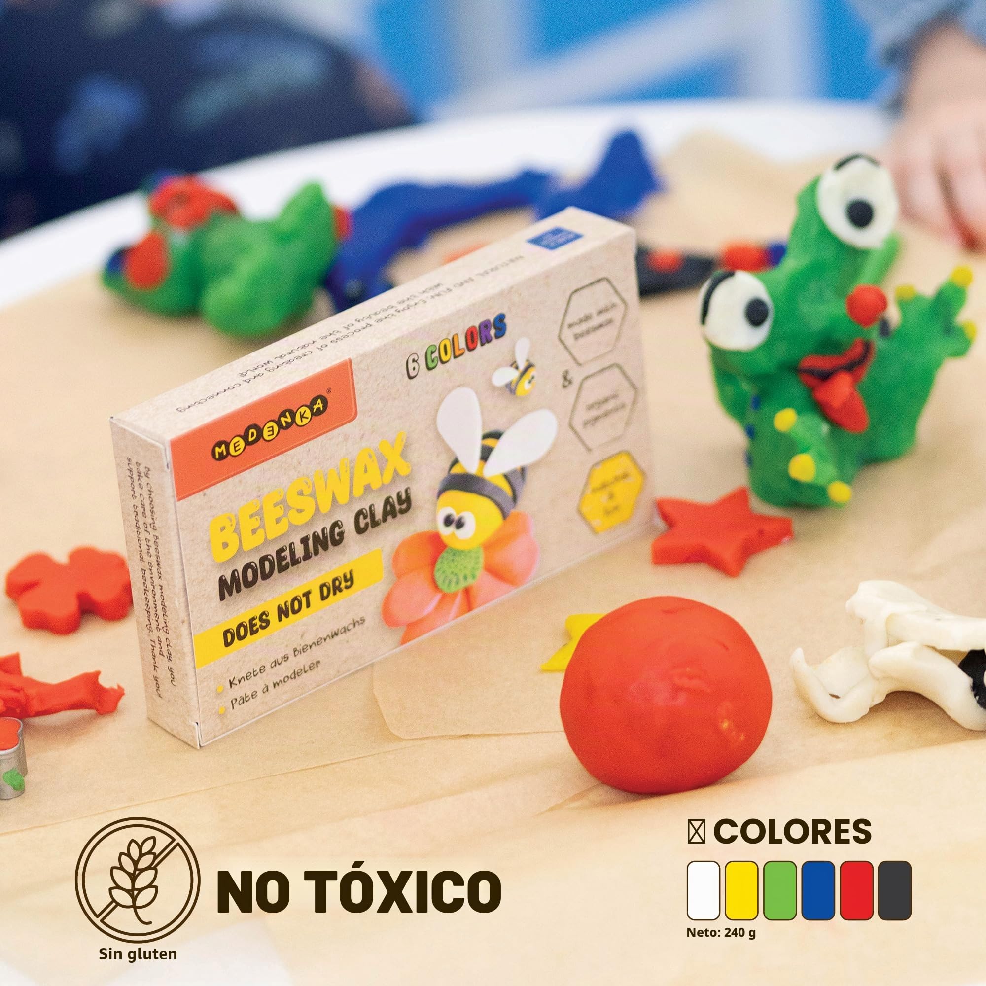 Arcilla para modelar con cera de abejas, 100% natural, no tóxica y reutilizable, 6 colores vivos | Arcilla artística suave y ecológica para niños y niños pequeños | Nunca se seca y