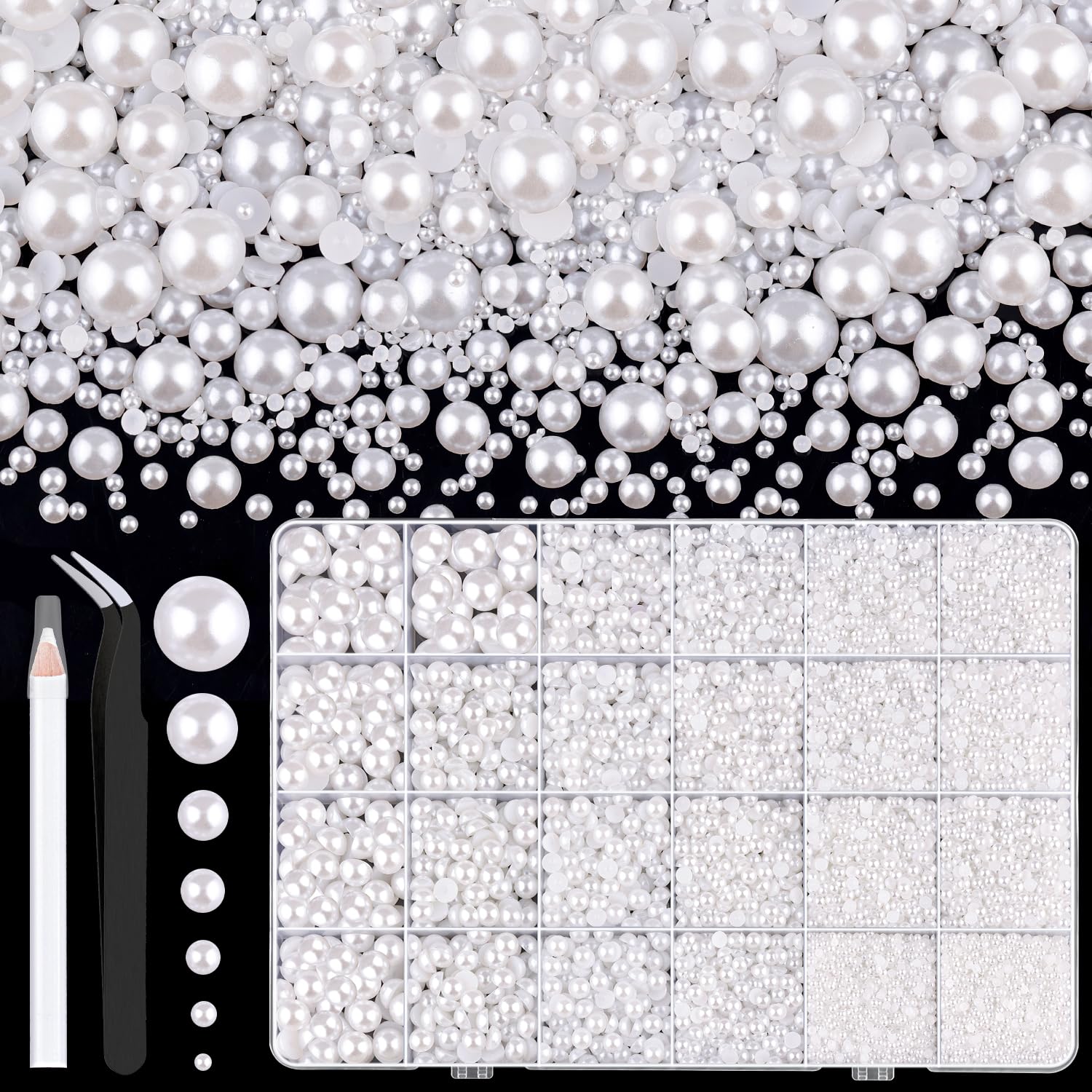 13000Pcs Flatback Pearls for Crafting (White), Assorted Size 2/3/4/5/6/8/10mm Non Hotfix Half Pearl, Bedazzling Bead for DIY Crafts Clothing Tumblers Mugs Shoes Fabric Embellishment Nail Art Makeup