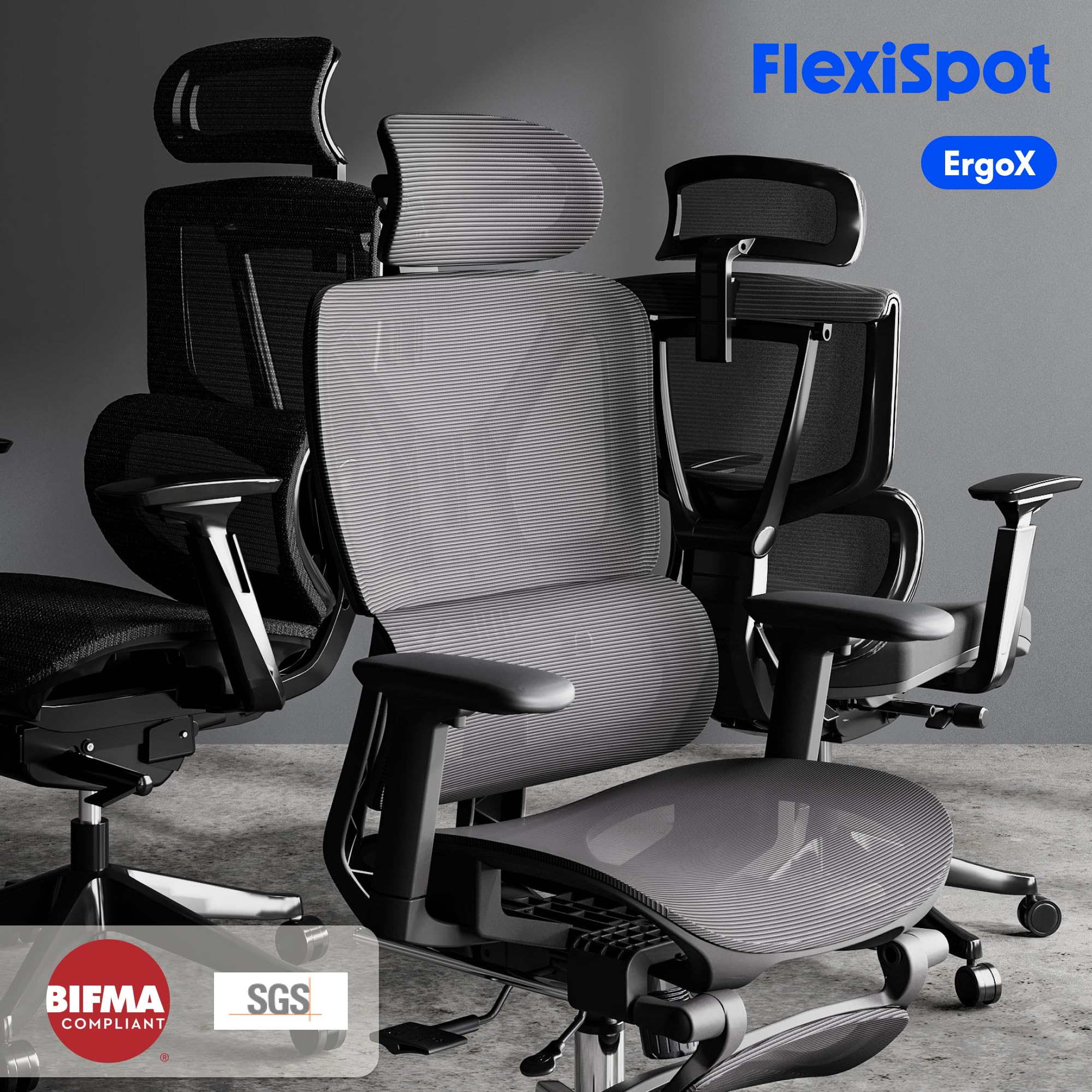 FLEXISPOT ErgoX – Sedia ergonomica da ufficio in rete con poggiapiedi, poggiatesta 3D, supporto lombare, schienale 5D regolabile, braccioli 3D, seduta traspirante, ruote, 130 kg