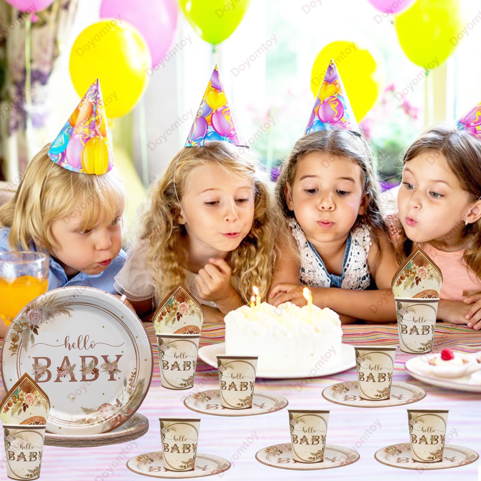 Doyomtoy Boho Babyshower Feestservies – 61 Delig Voor 20 Gasten, Borden, Bekers, Servetten En Tafelkleed