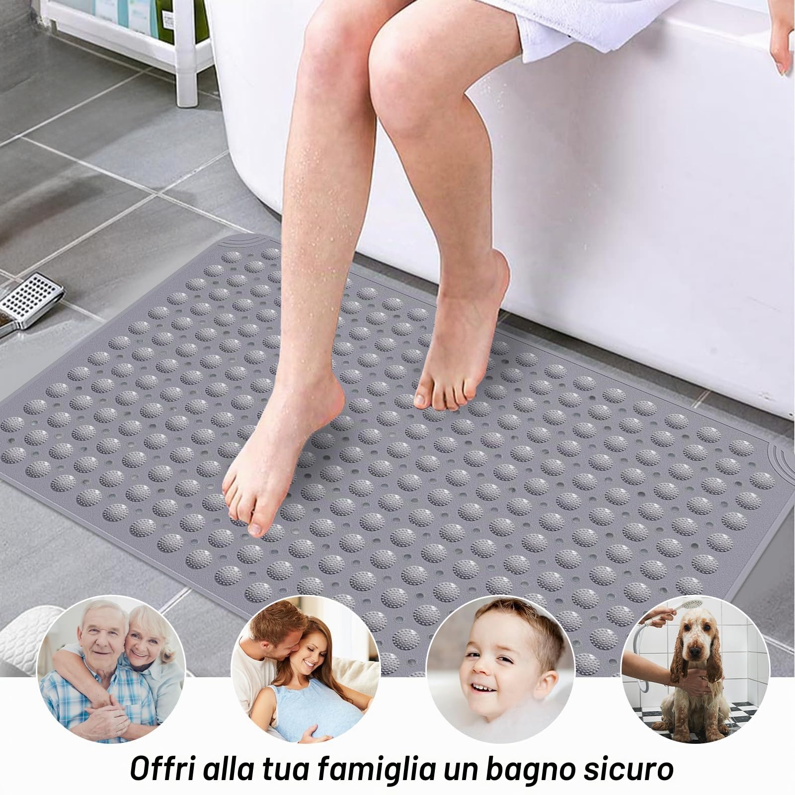 Tappetino Doccia, 60 x 90 cm Tappeto Doccia Quadrato Lavabile in Lavatrice con Ventosa, Tappeto Doccia in PVC Antiscivolo, Tappeto Massaggiante Antiscivolo per Doccia, incl. 2 Ganci, Grigio