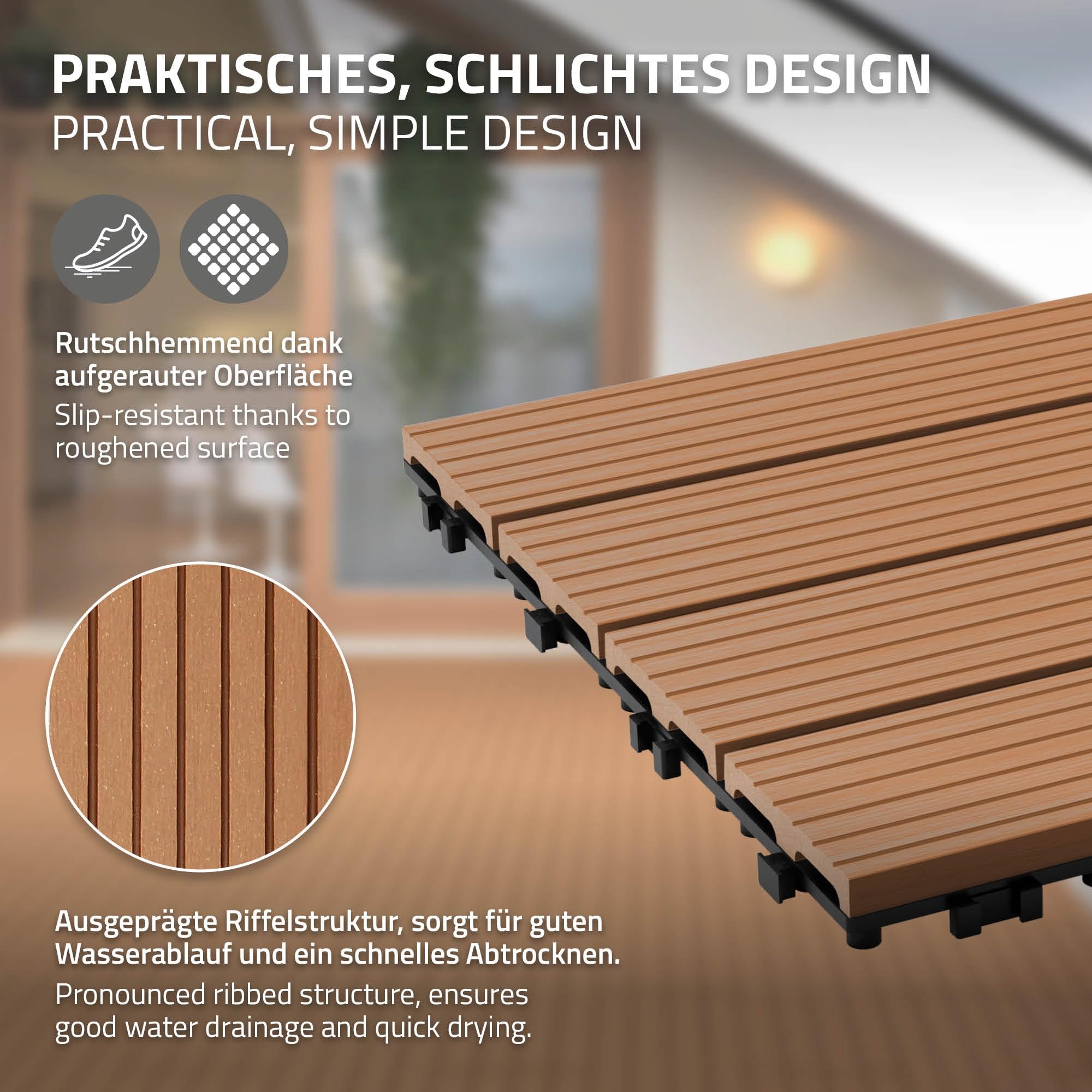 ECD Germany Dalles Terrasse Clipsables WPC 60x30 cm/6 pièces=1m² Marron Clair Strié Aspect Bois Panneaux avec Système à Clic et Drainage Revêtement de Sol Carrelage Lames Patio Jardin Extérieur
