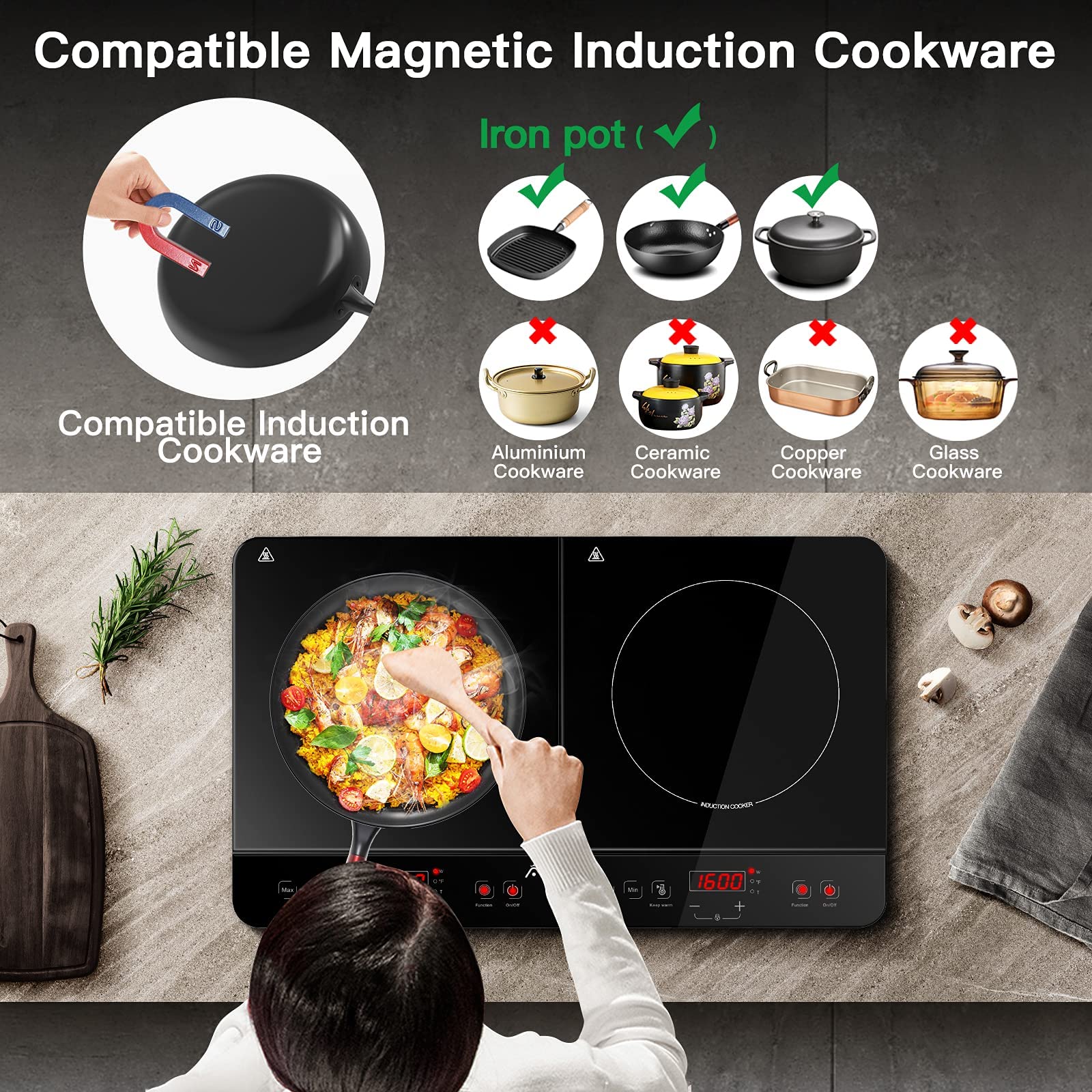 AAOBOSI Induction Burner Portable Double Induction Cooktop 1800W with Sensor Touch Control Black Crystal Glass Surface Multiple Power Settings Timer Max/Min Function Safety Lock 2 burners