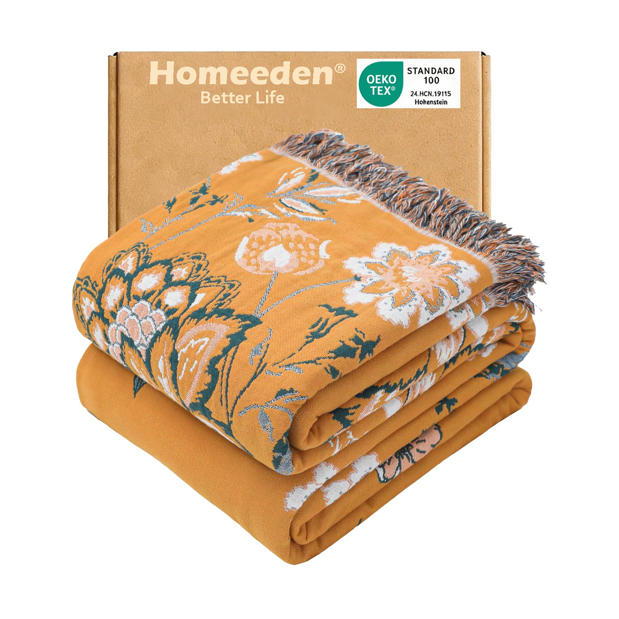 Homeeden 100% Cotton Sofa Throw Blanket, Double-sided Large Soft Bed Blanket,Yellow Throw for Armchair Single 2 3 Seater Settees, Luxury Decorative Floral Boho Bedspread-200x230cm — image 1
