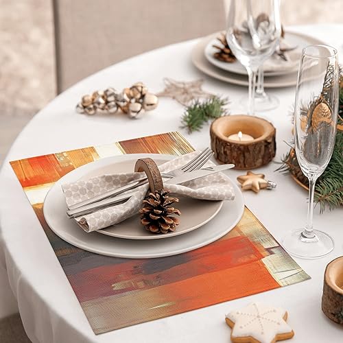 Miniatura 3 de Juego de 6 manteles individuales naranjas para mesa de comedor, arte moderno, pintura abstracta, manteles individuales de lino lavables para cocina,