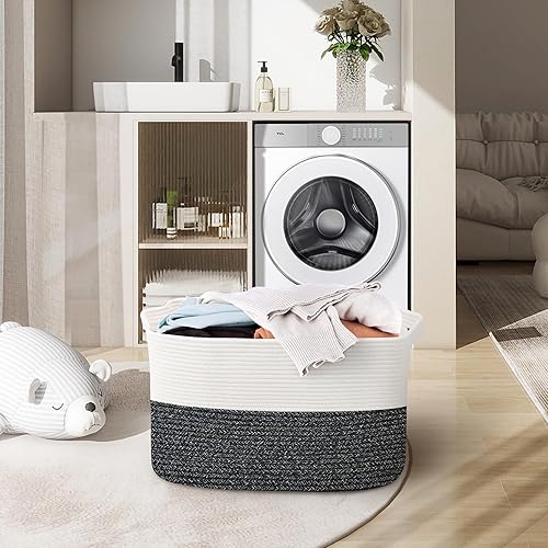 Miniatura 8 de Caja de juguetes extragrande, 23.6 x 15.7 x 14.1 pulgadas, cesta rectangular para manta para sala de estar, cestas de cuerda de algodón tejida para