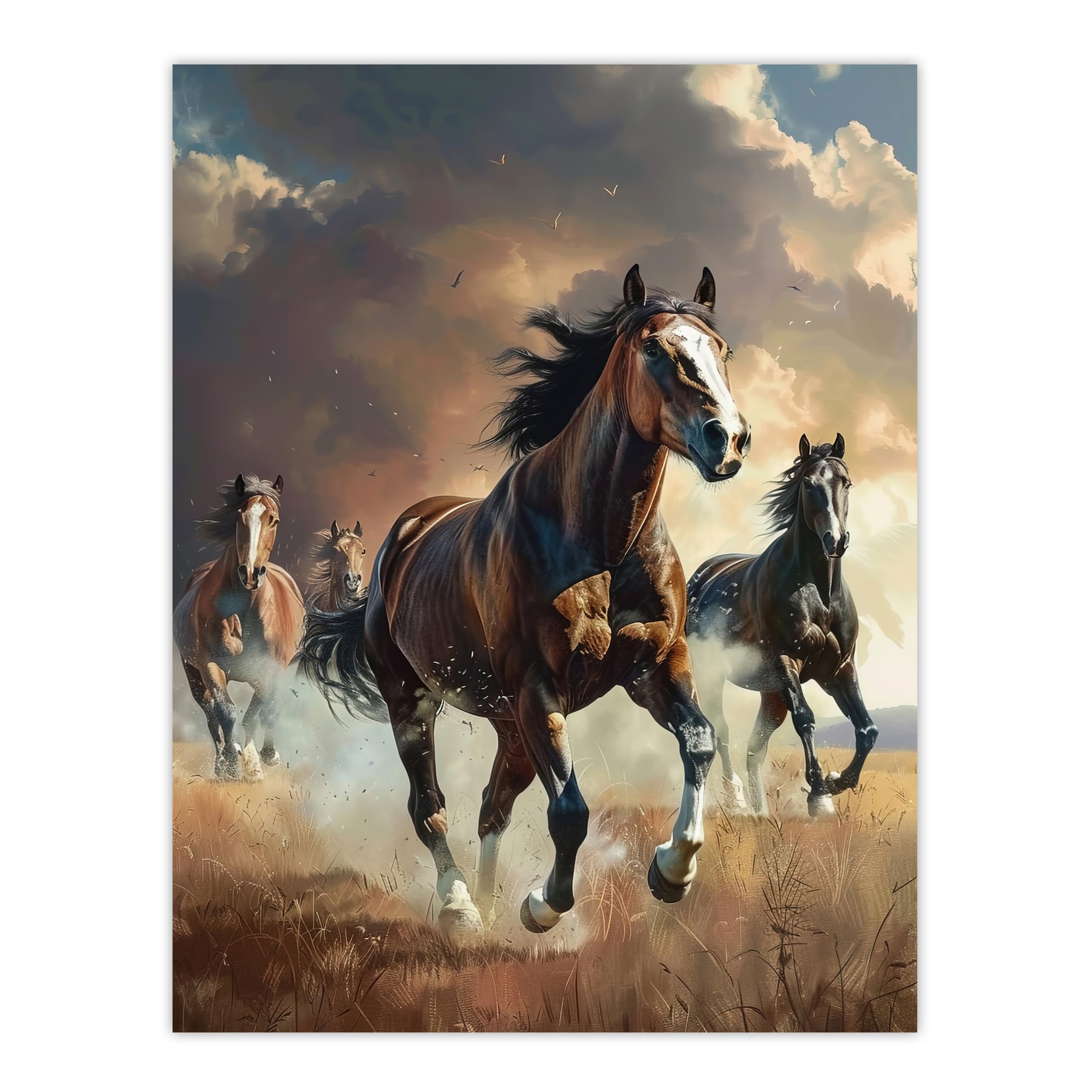 Artery8 Wild Horses Galloping Field Atmospheric Sunset Living Room Extra Large XL Wall Art Poster Print
