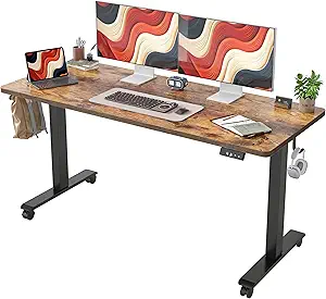 TIQLAB Electric Standing Desk, Adjustable Height Stand up Desk, 63 * 24 Inches Sit Stand Home Office Table with Splice Board, Rustic Brown