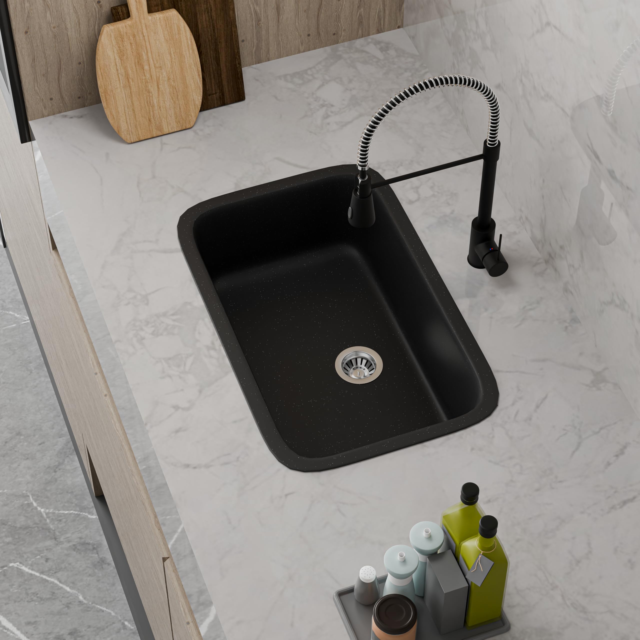 HISRE Quartz Single Bowl Kitchen Sink with Round Corners | 31x19x10 Inches | Noise Reducing Durable Easy to Clean Scratch Resistant Kitchen Sink for Modern Homes | Black, photo 3 of 5
