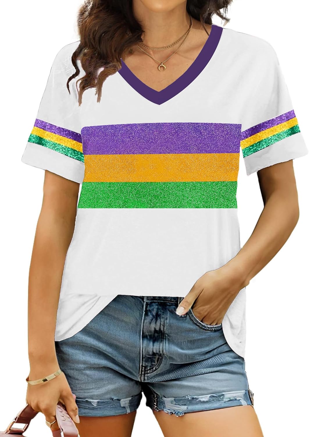 Carnival Shirts for Women Fat Tuesday V Neck Shirt New Orleans Carnival Sequins Short Sleeve Tee Tops