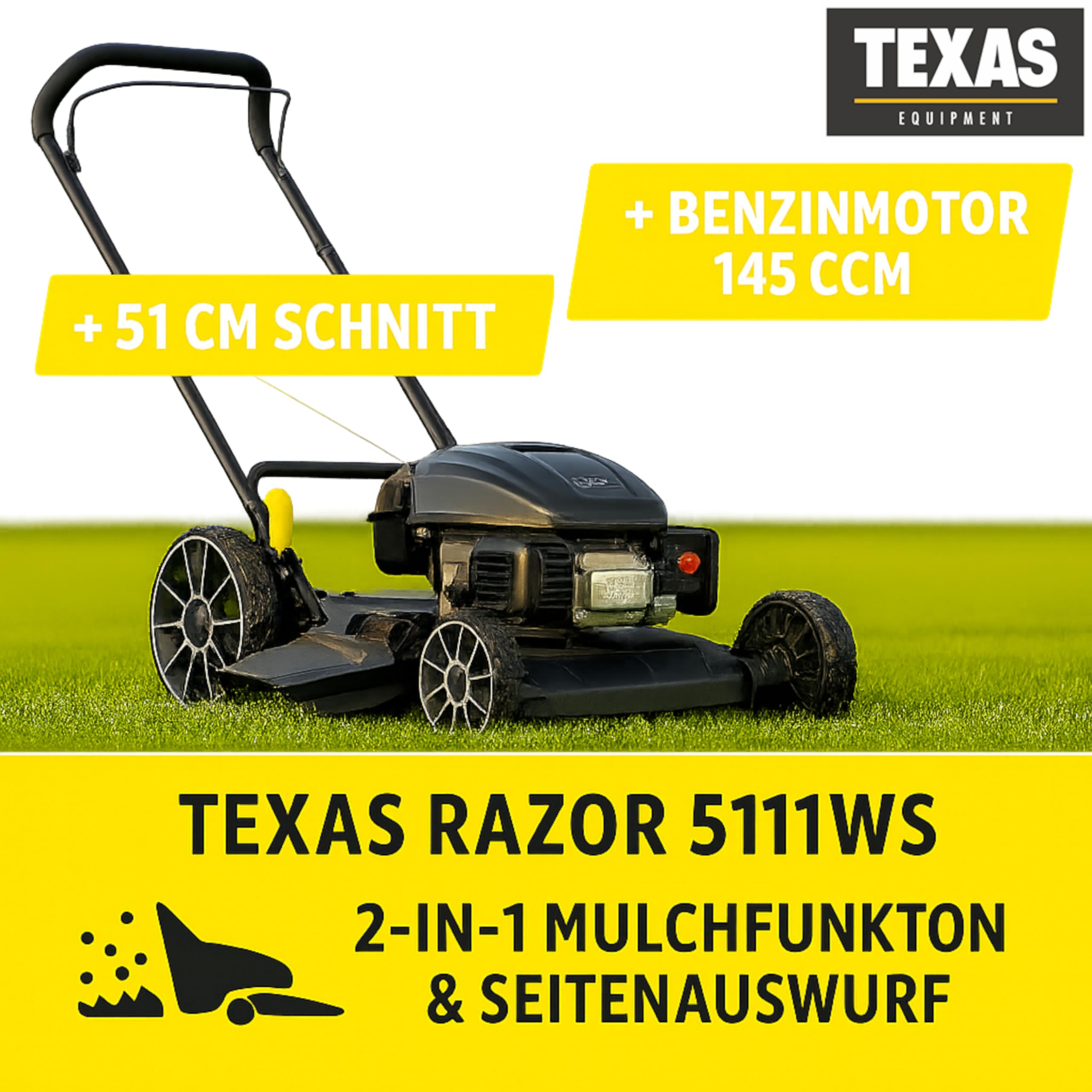 Texas Profi Mulchmäher 5111WS Profi Mulchrasenmäher Rasenmäher Benzin 51 cm | 145 CCM | 2in1 Seitenauswurf, Stahlgehäuse, zentrale Höhenverstellung