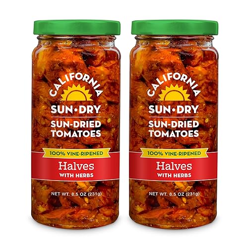 California Sun Dry Tomates secados al sol en aceite, 8.5 onzas (paquete de 2) mitades con hierbas Sin gluten y rico en antioxidantes
