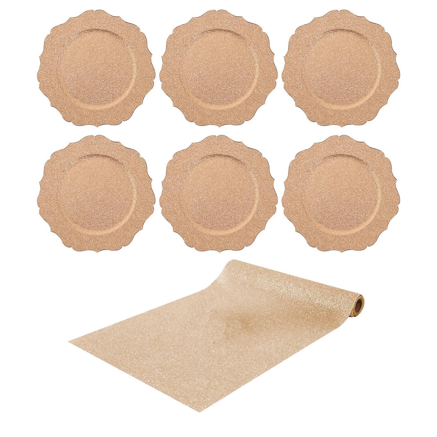 Yöl Gold Set Gold Glittery Table Runner And 6 Charger Plates Christmas Xmas Dinner Lunch Birthday Anniversary Decoration