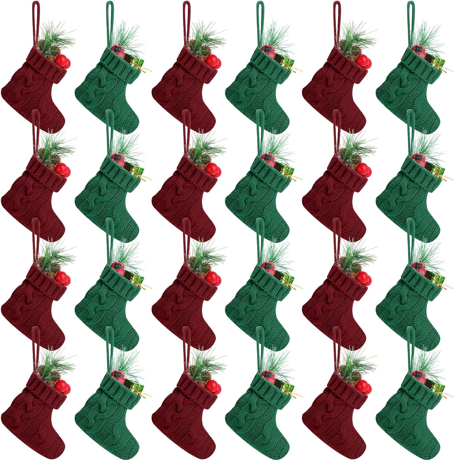 Jerify 24 Pcs Mini Christmas Stockings 3.94 Inch Knitted Stocking Small Xmas Christmas Hanging Stocking Little Rustic Christmas Tree Ornaments for Home Party Holiday Decor (Wine Red, Beige, Green)
