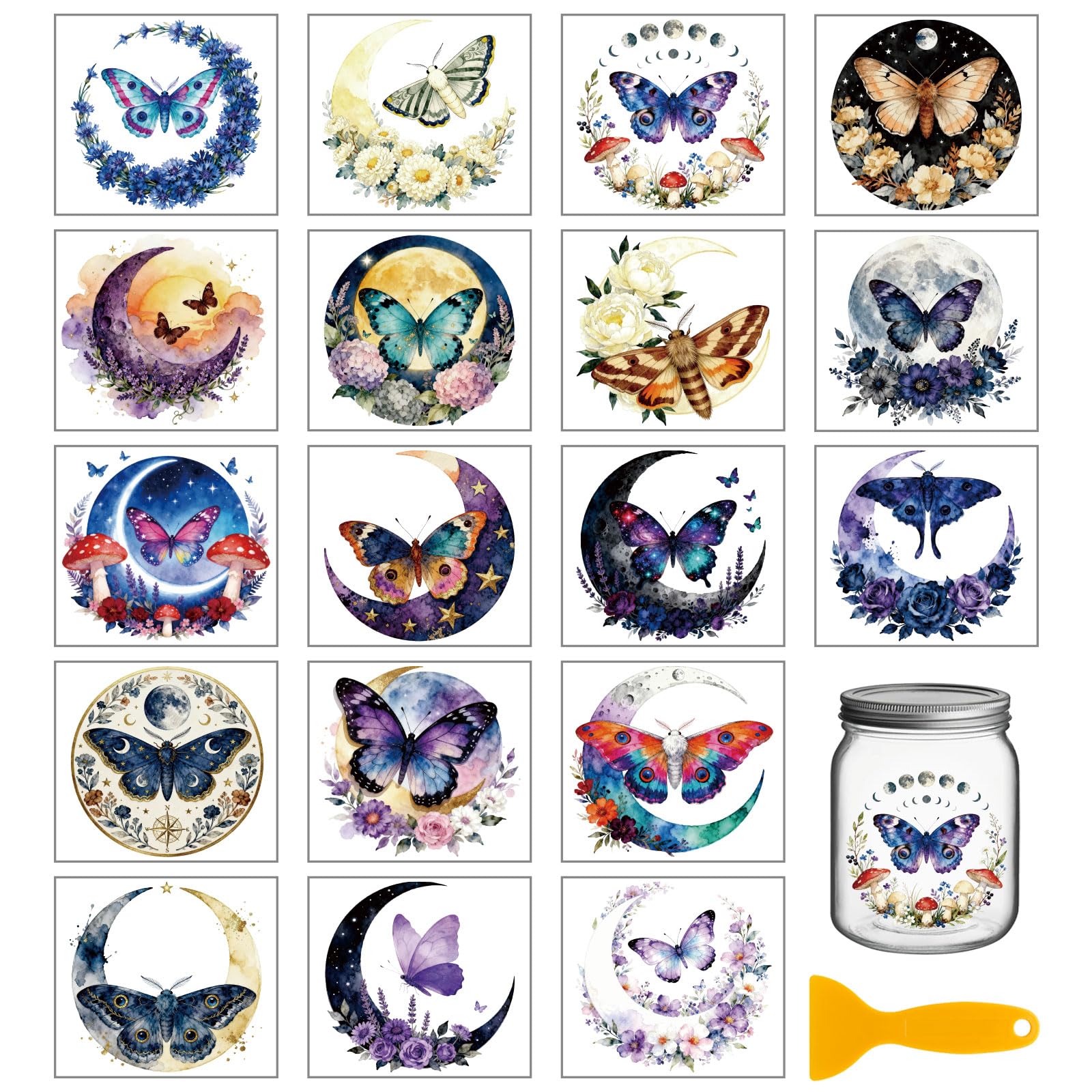GLOBLELAND 18 Sheets Moon Butterfly Transfer Stickers 3.9x3.6 Inch Flowers Colorful Transfer Decal Magic Moth Rub on Transfer for Cup Decal Vase Glass Art Crafts Decorations