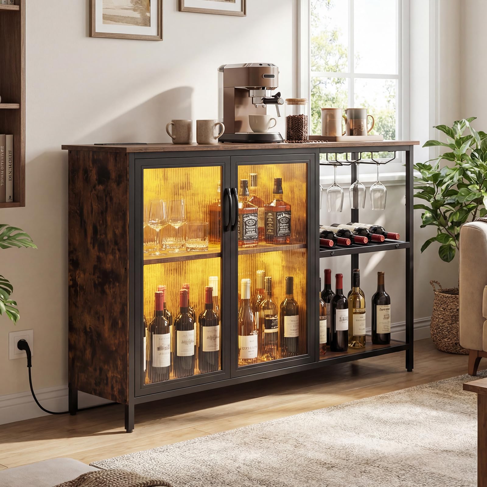 COSTWAY Meuble Bar à Vin avec Multiprise & Lumières LED, Buffet Cuisine Éclairage avec Casier à Vin et Porte-Verres, Style Industriel, pour Cuisine, Salon, Salle à Manger