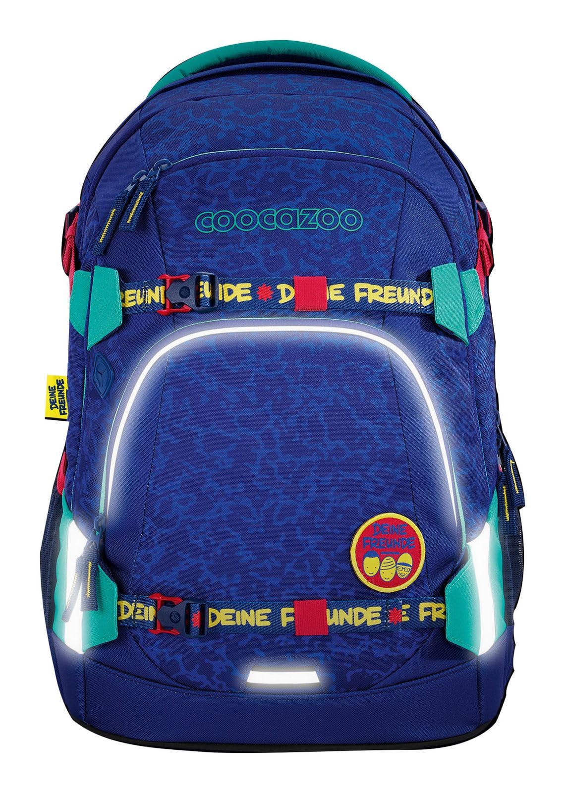 coocazoo Schulrucksack Mate „Deine Freunde, Brudi“ blau/rot/türkis, ergonomischer Tornister, höhenverstellbar mit Brustgurt und Hüftgurt für Jungen und Mädchen ab der 5. Klasse, 30 Liter