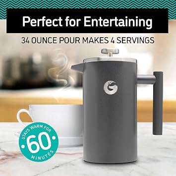 Coffee Gator French Press Coffee Maker 34oz Silver and Coffee Canister - 22oz, Airtight Stainless Steel Kitchen Food