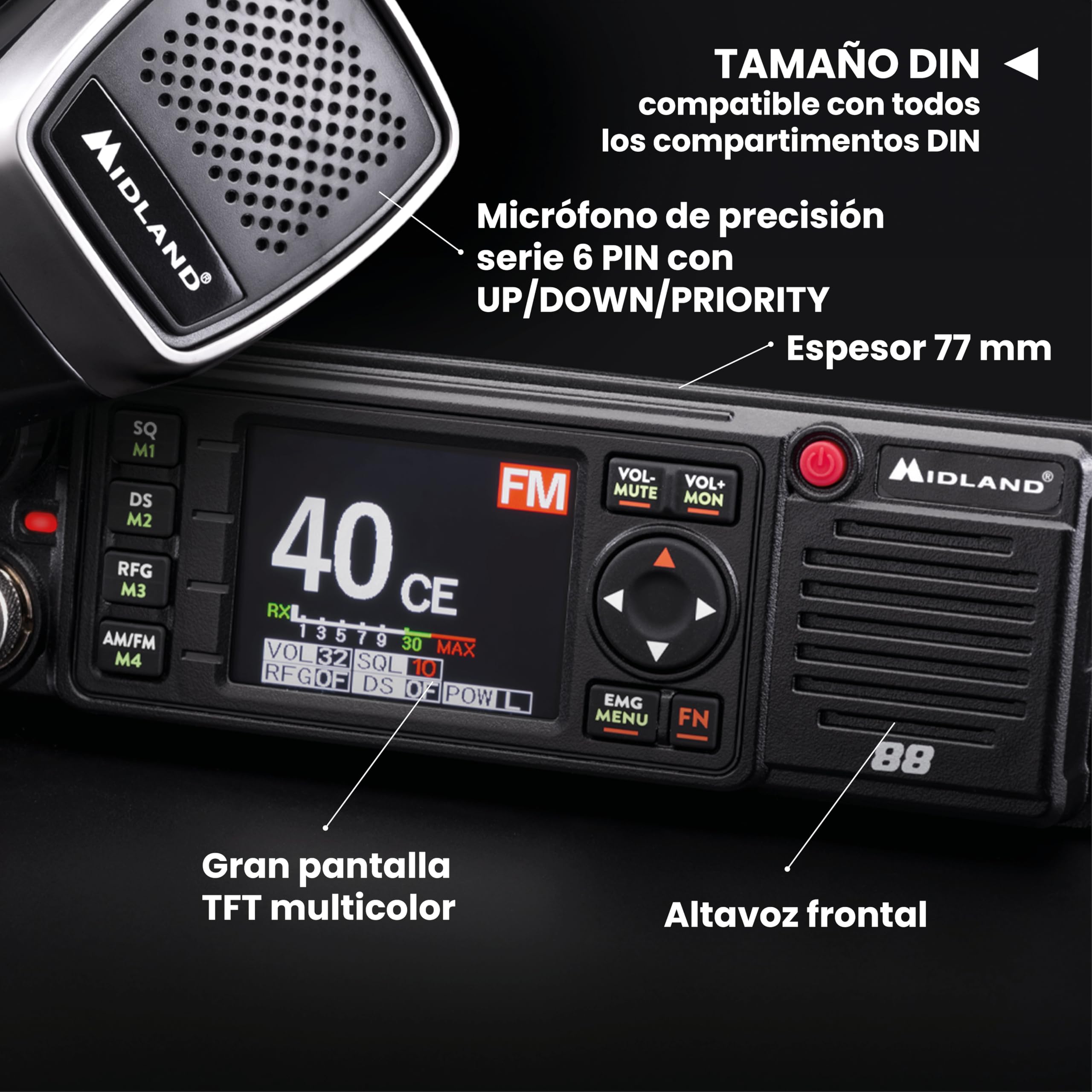 Midland - Radio CB M88 Veicular Sin Licencia, Radioaficionado Profesional para Compartimentos DIN, Auto, Camión, Camper y Otros - Pantalla TFT Multicolor, Noise Blanker/HIC, Alimentación Universal