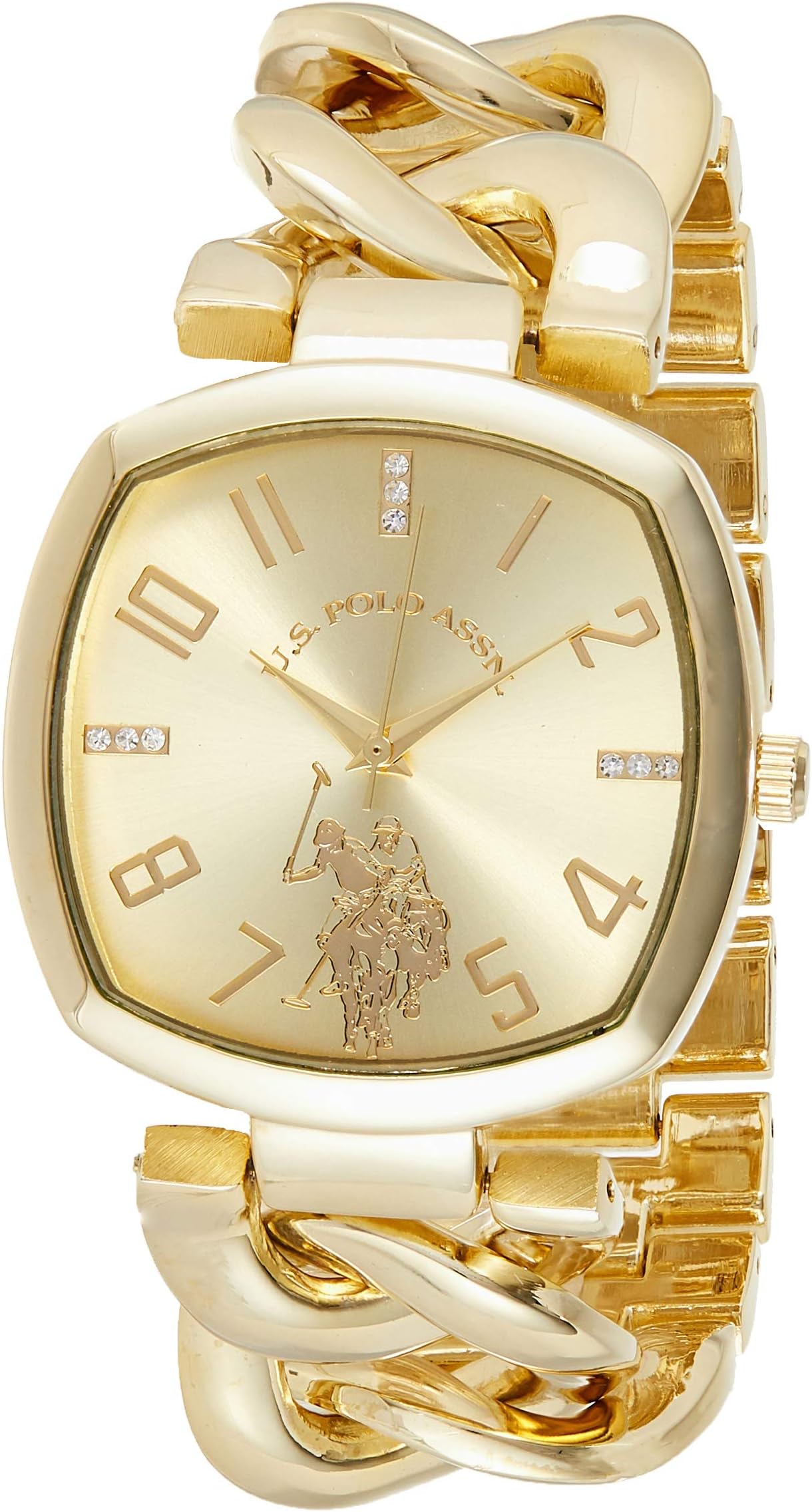 U.S. Polo Assn. Women’s Gold-Tone Chain Bracelet Watch – 38mm Square Case, Rhinestone Dial, Adjustable Link Strap, Elegant Quartz Dress Watch with Gift-Box