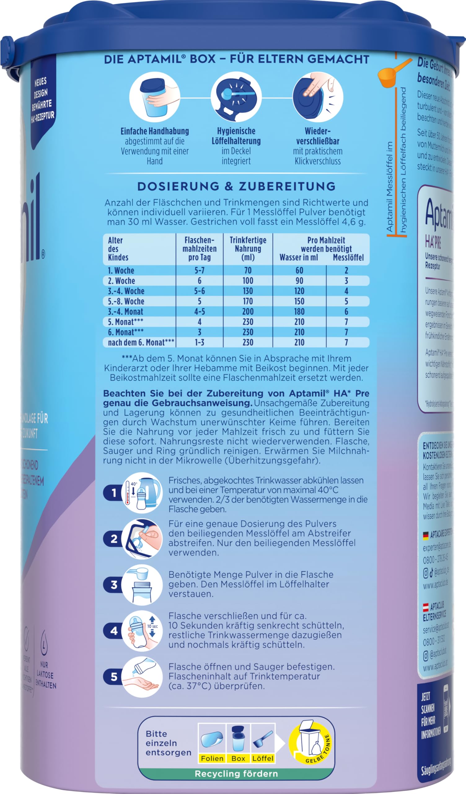 Aptamil HA PRE – Anfangsmilch von Geburt an, Mit DHA, Nur Laktose, Ohne Palmöl, Babynahrung, Milchpulver, 1 x 800 g