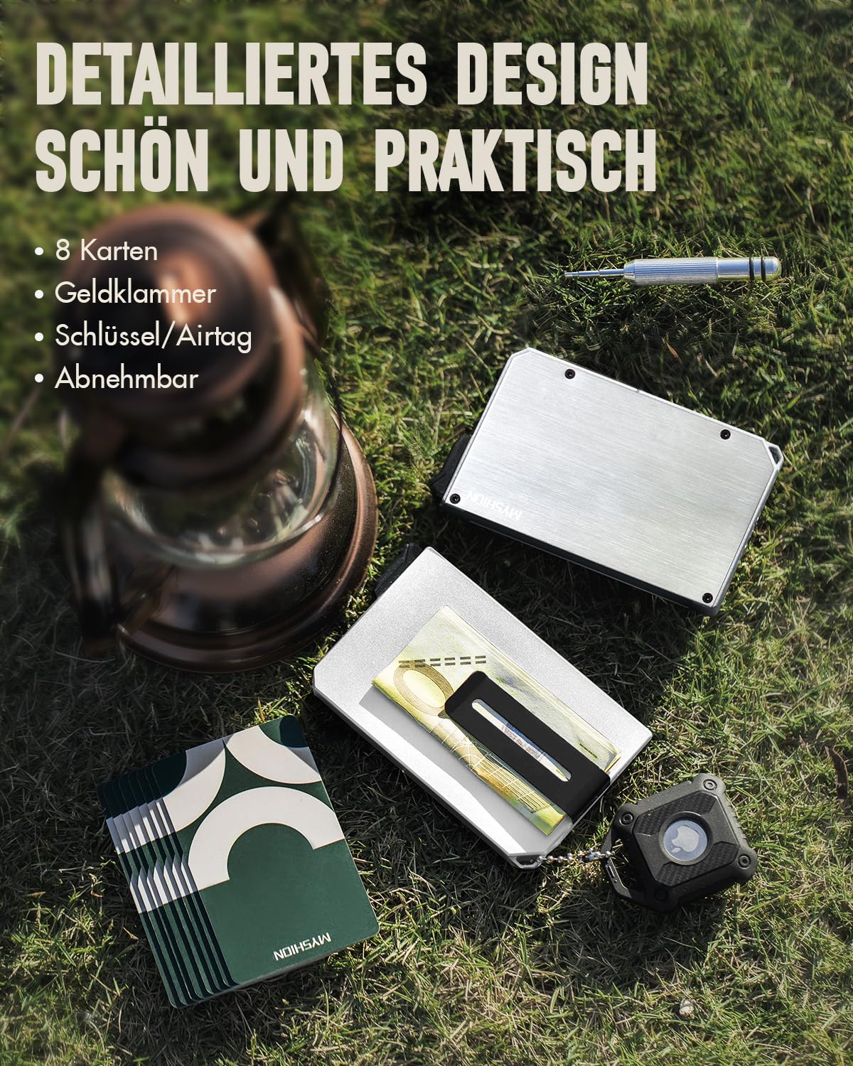 Metall Kartenetui Herren mit Geldklammer, Minimalist Pop-Up Slim Wallet, RFID Schutz, Karten Portemonnaie mit Aufhängeloch, Aluminium Card Holder für 6–8 Karten - Silberweiß