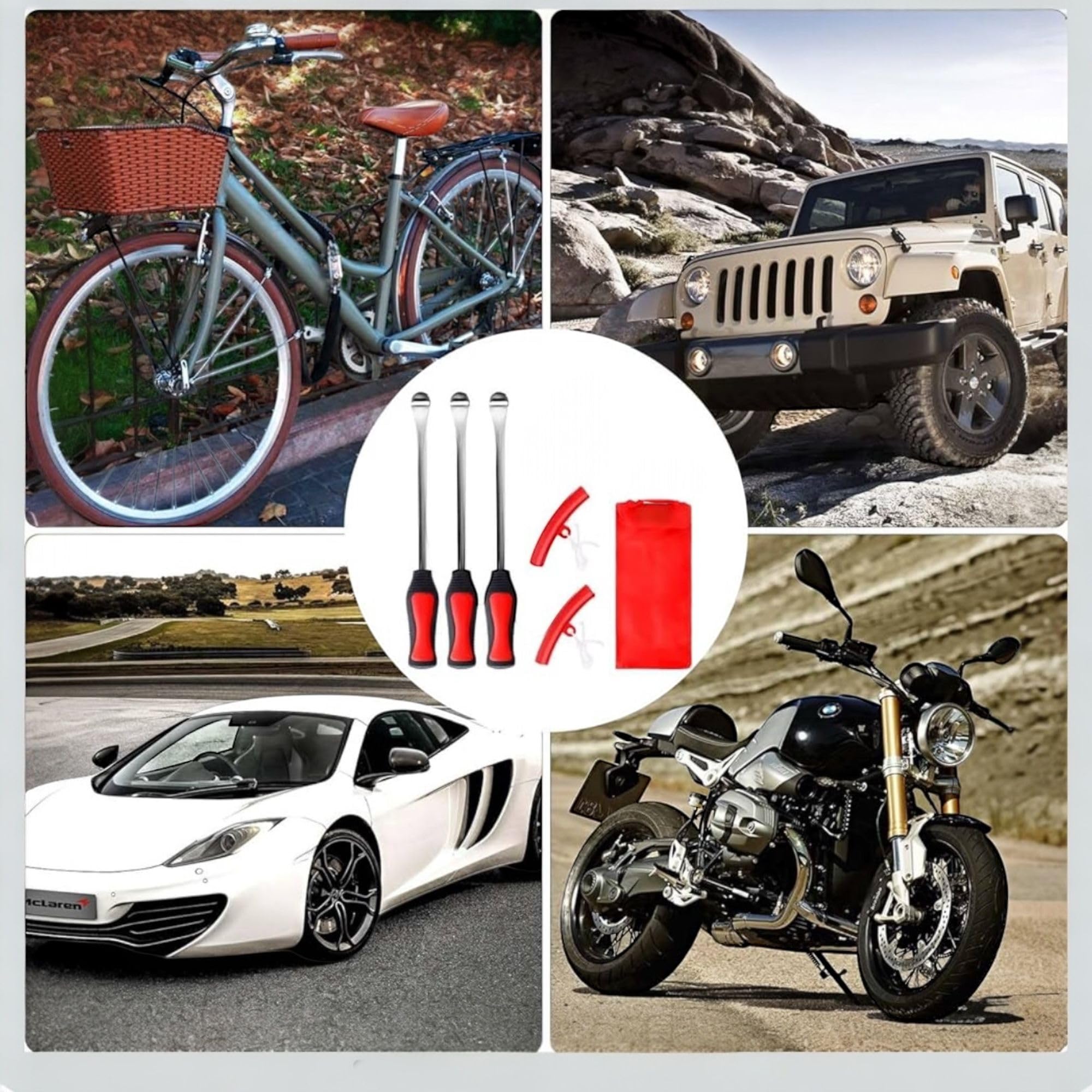 Kit Leve Smontagomme 3 Pezzi in Acciaio + 2 Protezioni Cerchio | Leva a Cucchiaio Cambio Pneumatici Moto, Auto, Bici | Attrezzi per Riparazione e Montaggio Gomme | Robuste, Sicure, Portatili