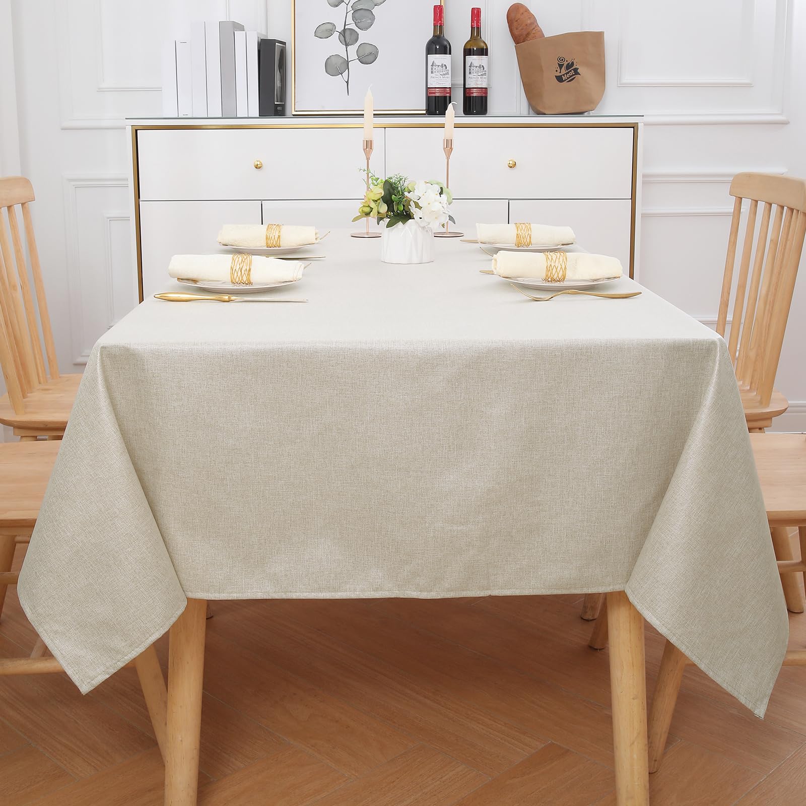 Homaxy Tovaglia effetto lino, lavabile, con effetto loto, rettangolare, 140 x 300 cm, impermeabile, biancheria da tavola, antimacchia, beige