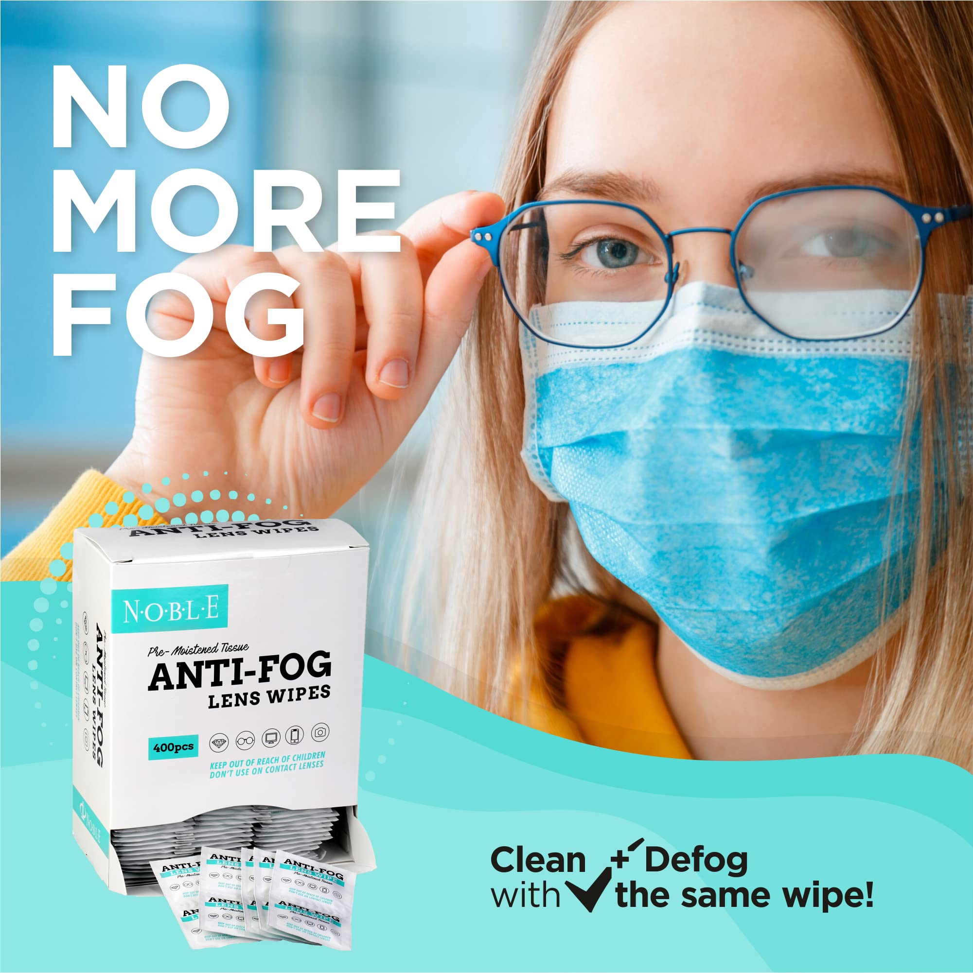Noble Toallitas de limpieza de lentes y pantallas prehumedecidas antivaho para gafas, smartphones, lentes de cámara, dispositivos electrónicos pequeños, pantallas táctiles, envueltas individualmente,