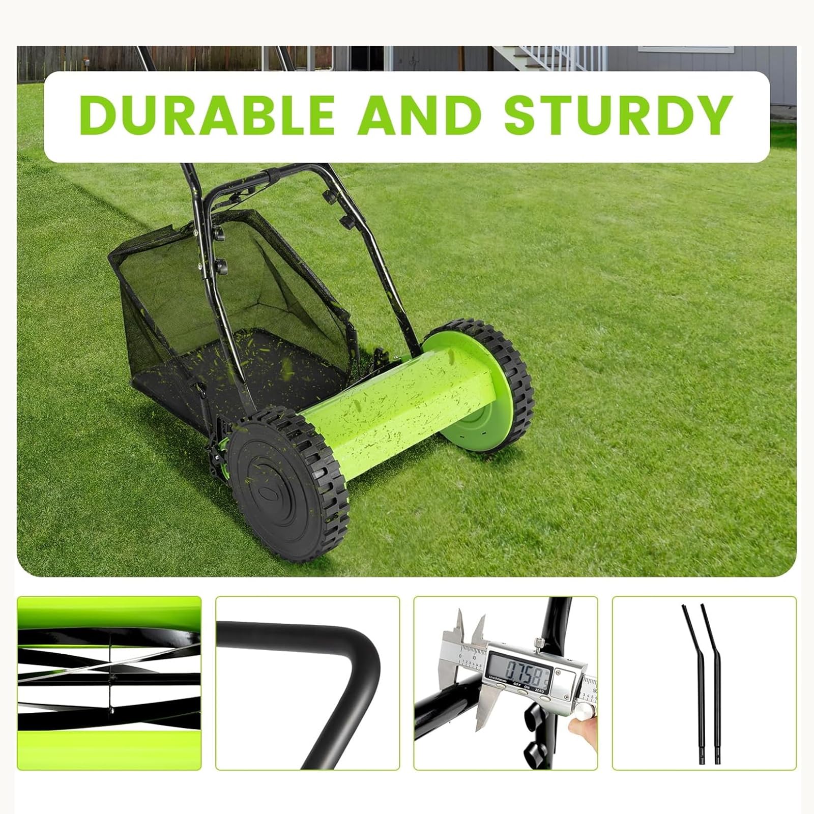 Cortacésped Manual De Carrete De Empuje De 12 Pulgadas, Barredora De Césped con Bolsa De Recolección Y 5 Cuchillas, Ajuste De Altura De 4 Posiciones, Recolección Automática De Recortes De Césped